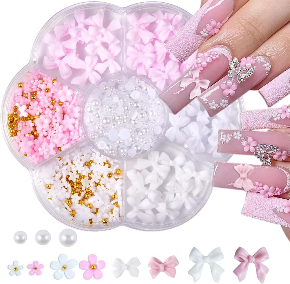 Nail Charms, Flower Nail Charms 3D Pink Bow Nail Art Decoration image number 4
