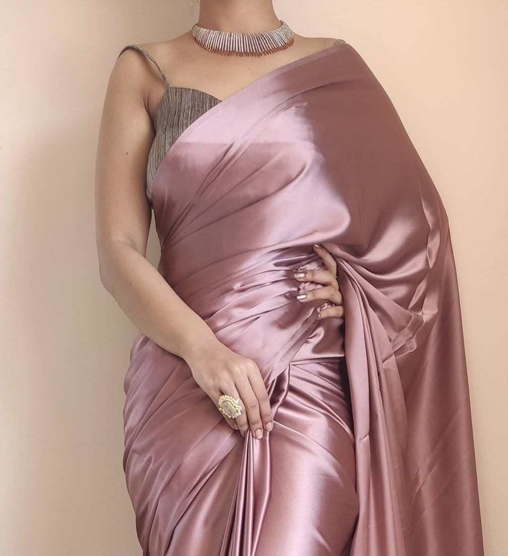 SATAZ Women'S Ready to Wear Rose Gold Satin Silk Pre Pleated Saree with Unstitched Blouse, Free Size image number 3