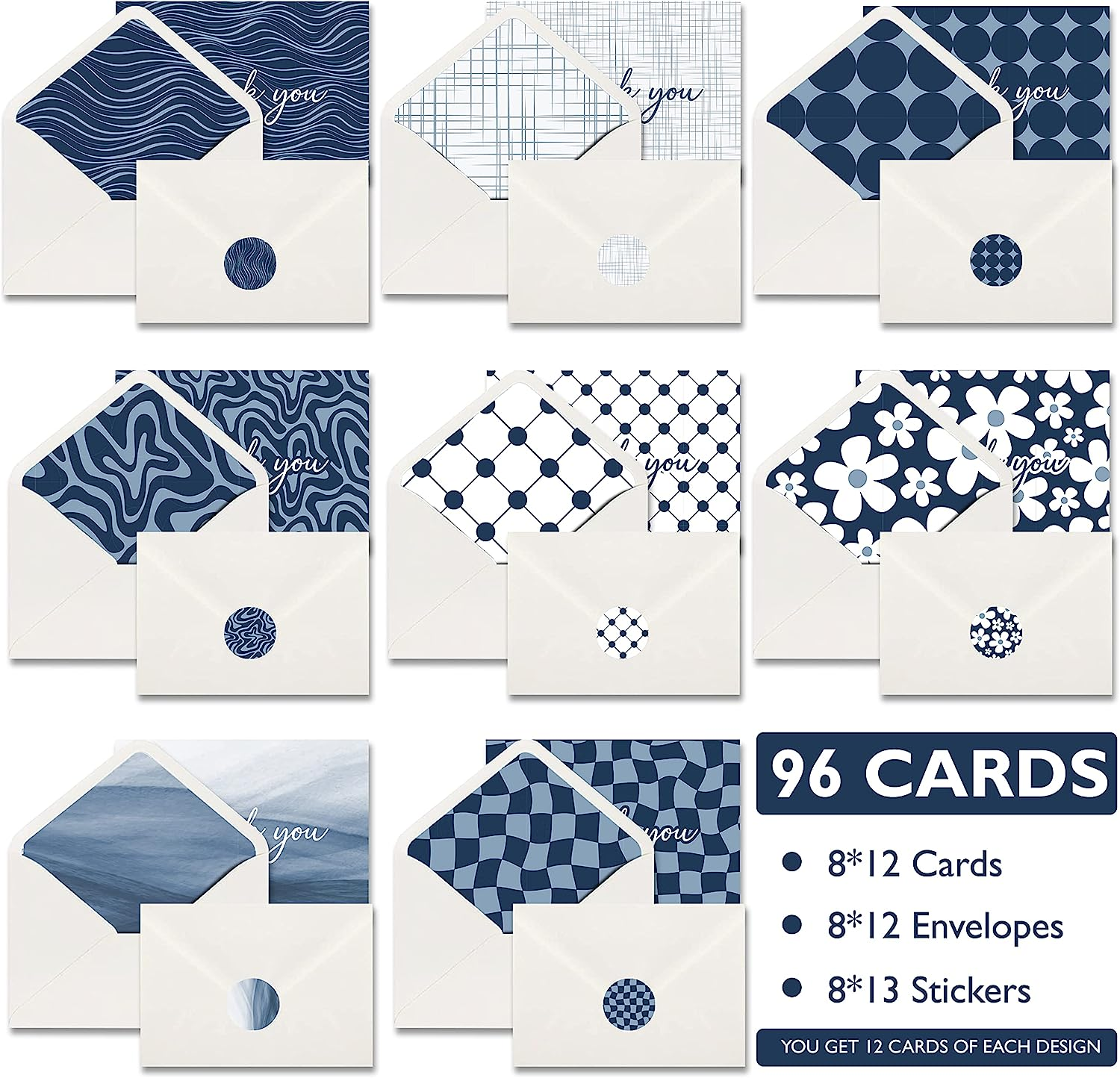 Elegant Blue Thank You Cards - Bulk Set of 96 with Self-Seal Envelopes and 104 Stickers - Perfect for Weddings, Business, Graduation, Baby Shower and More - 8 Unique Designs to Show Your Appreciation image number 5