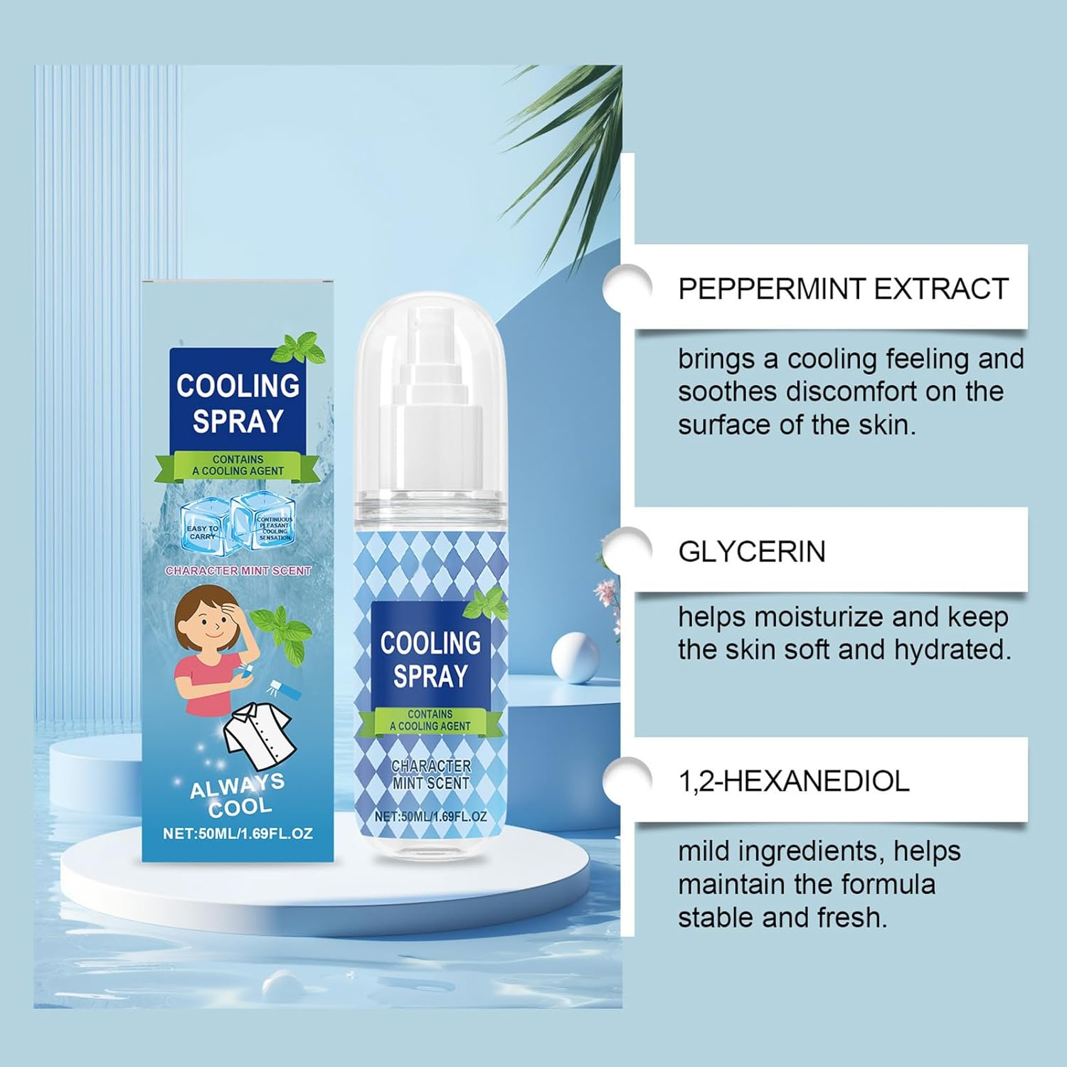 Cool Spray | Cooling Face Spray 50Ml | Moisturizing UV Protection Liquid Ice Mist for Hot Weather Sports Travel Golf Hiking Camping Beach Commute Daily Outdoor