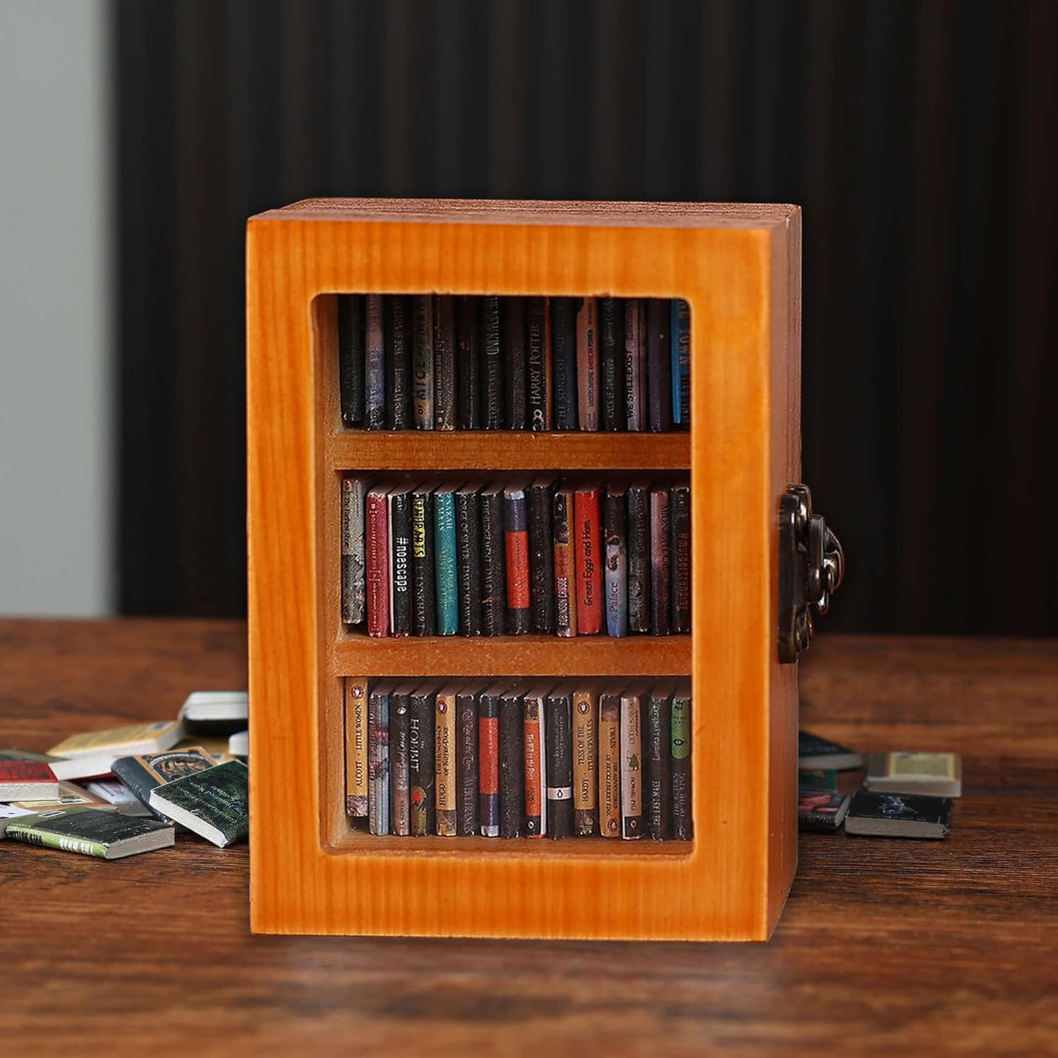 Miniature Book Library Decoration, Pocket Anxiety Bookshelf with 60 Mini Books, Handmade Antique Style Storage Display (Brown) - Blue image number 6