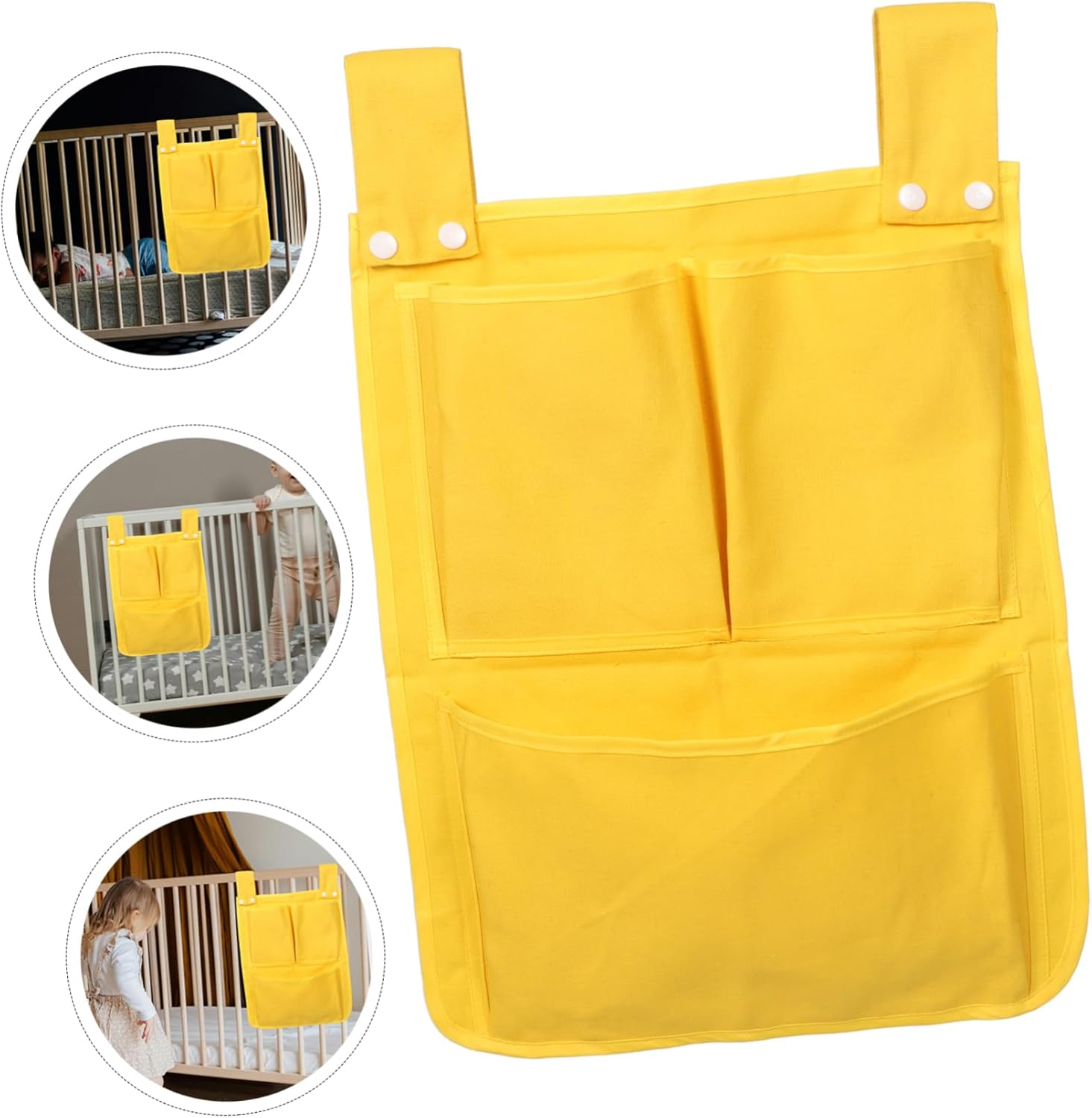 Bedside Hanging Storage Bag Organizer Multifunctional Canvas Crib Pocket for Diapers Wipes Toys Space-Saving Yellow for Nursery and Changing Table image number 4