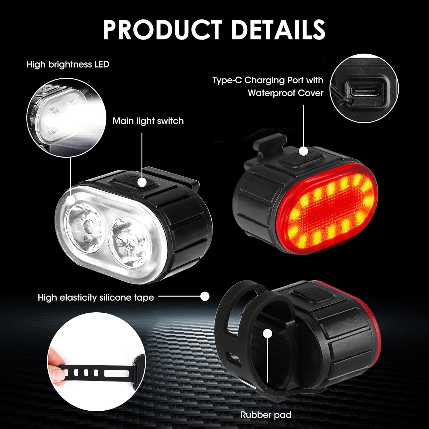 USB Rechargeable Bike Lights Set - 200LM Front & 50LM Rear Safety Lights, Waterproof Type-C Fast Charging for Mtb/Road Bikes (Compact ABS Design) image number 4