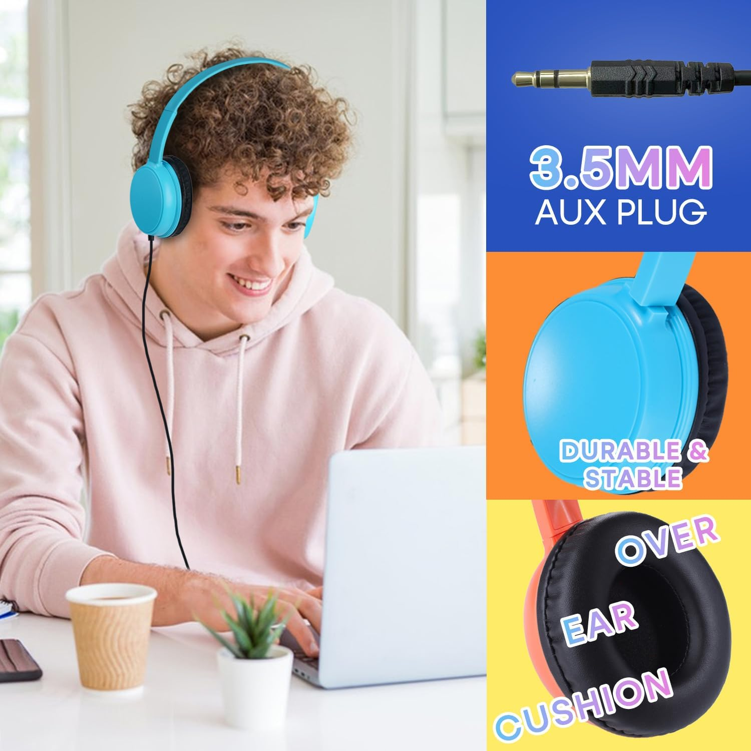 Waneni Classroom Headphones Bulk 10 Pack Mutli Colors for Kids Schools, Class Sets Headsets for Students (Durable,Leather Earcup, Noise Reducing, Comfortable, Easy-To-Clean) image number 1