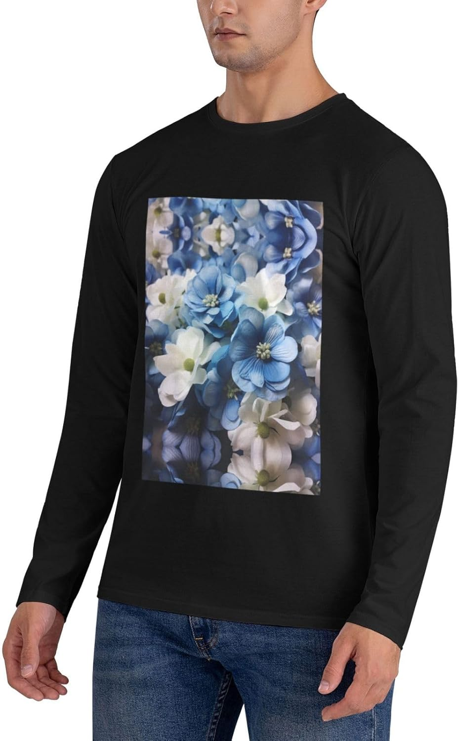 Blue White Flower Men'S round Neck Long Sleeved T-Shirt Casual Long Sleeved Men'S T-Shirt without Pockets image number 5