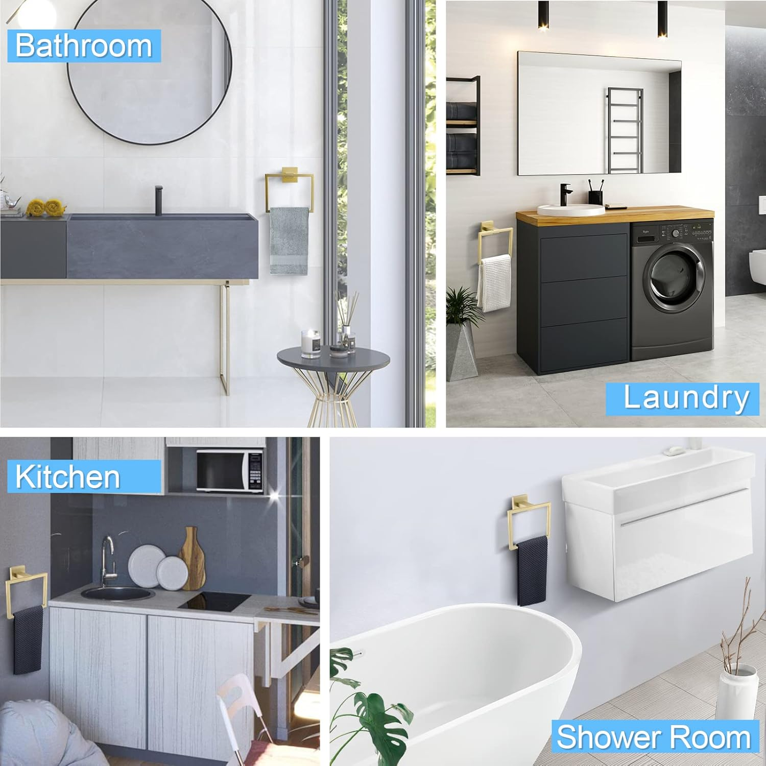 TQKAG Brushed Gold Towel Ring Bathroom Hand Towel Holder Stainless Steel Square Towel Bar Hangers Wall Mounted - Brushed image number 3