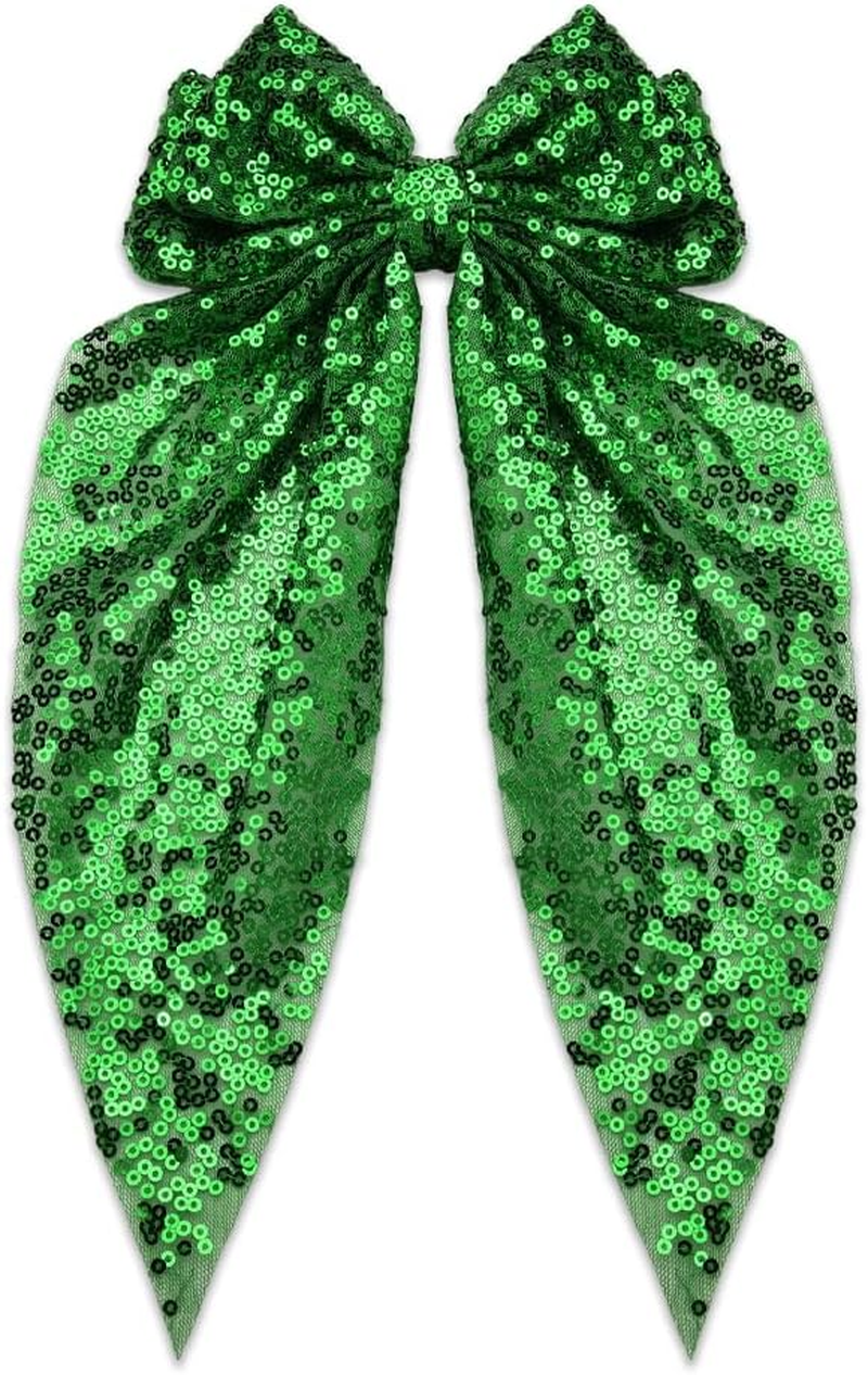 Sparkly Hair Bows for Girls Big Green Hair Clip Metal Clips French Ribbon Bowknot Hair Barrettes for Women Party Oversized Long Tail Hair Bow Clips Bling Hair Accessories for Thick Thin Hair image number 3