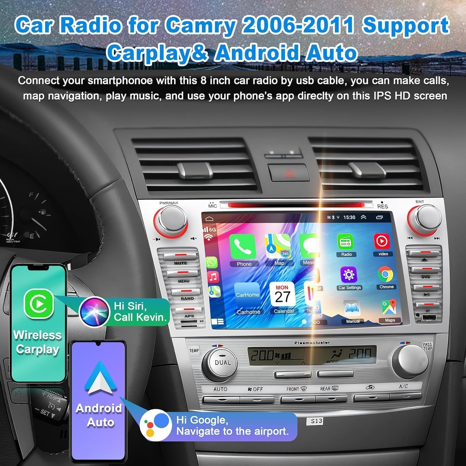Car Radio for Toyota Camry 2006 2007 2008 2009 2010 2011, 8-Inch Touch Screen Car Stereo Support Cd/Dvd,Carplay&Android Auto, Bluetooth5.2&Voice Control, Backup Camera& SWC,AM/FM Car Radio Receiver image number 1