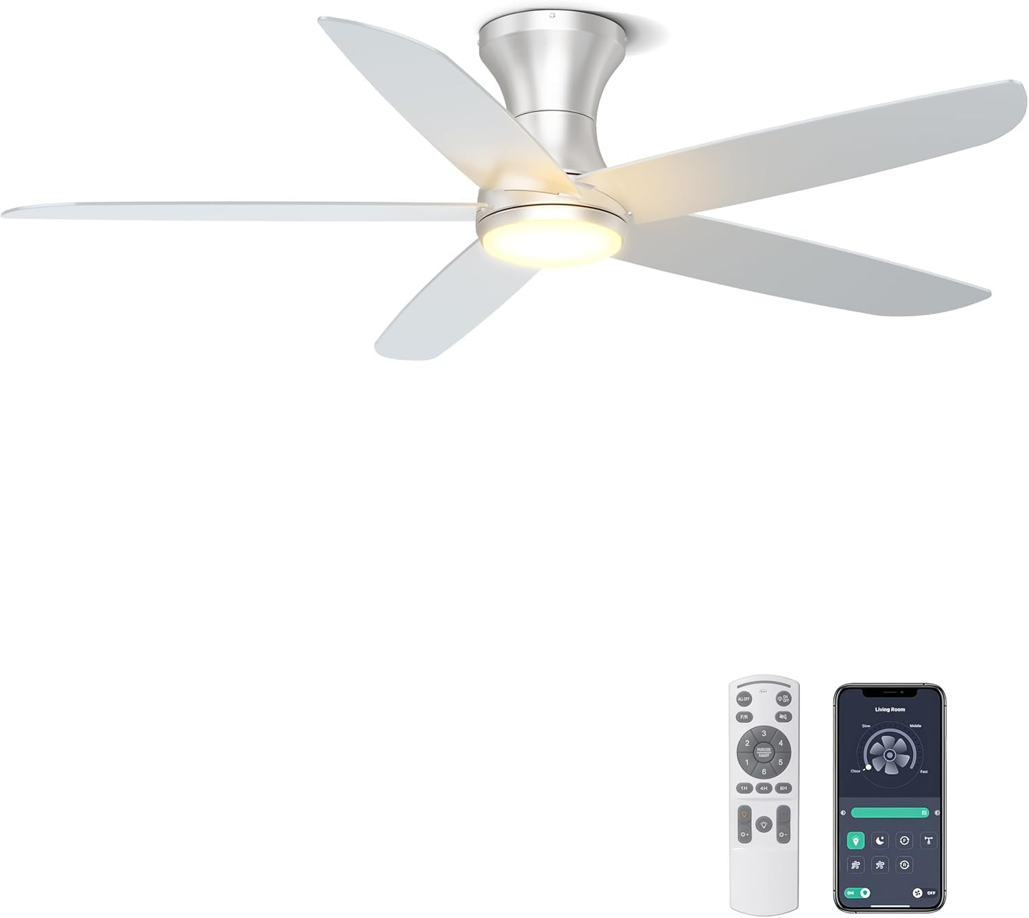 Ohniyou 46 Inch Ceiling Fan with Lights, Low Profile Ceiling Fans Remote/App Control - Dimmable, Silent DC Motor, Indoor Ceiling Fan for Bedroom Kitchen (Silver) image number 1