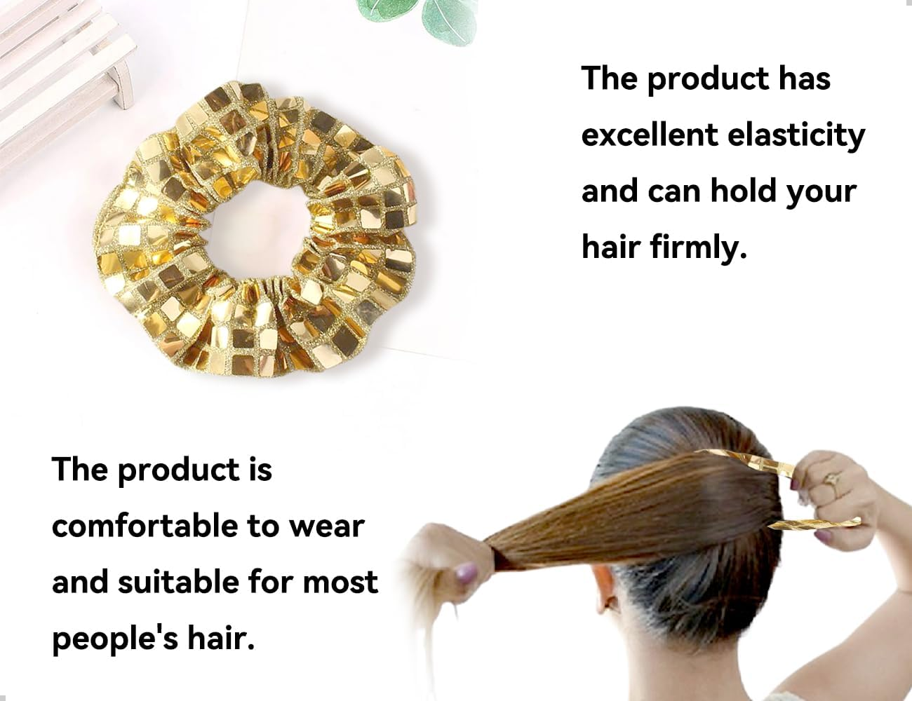 Emezddo Pack of 3 Hair Bobbles, Sequin Ponytail Scrunchies, Glitter Elastic Hair Accessories, Used for Women Girls Sports Disco Carnival Theme Party Birthday (Gold) image number 3