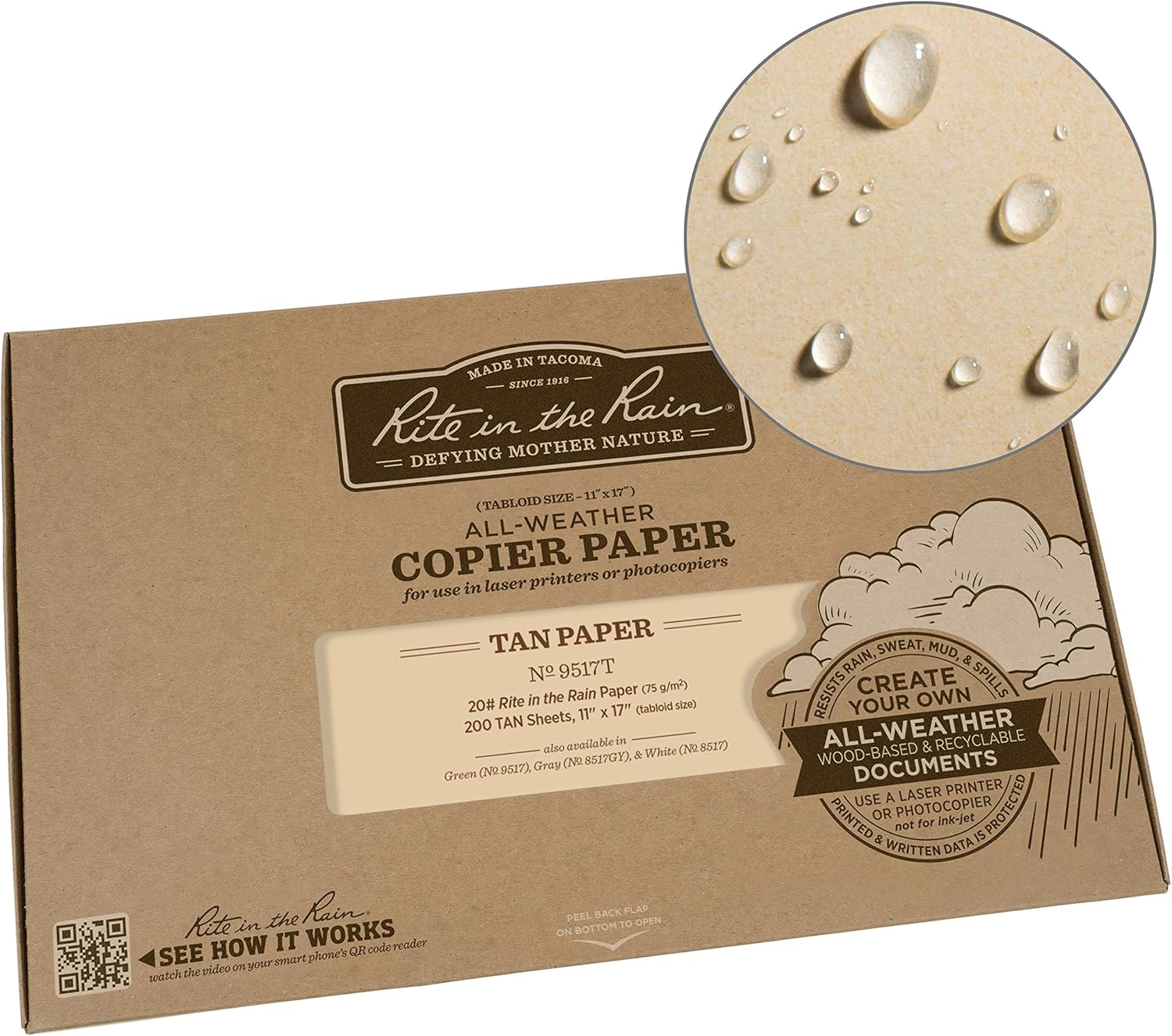 Rite in the Rain Weatherproof Copier Paper, 11" X 17", 20# White, 200 Sheet Pack (No. 8517)