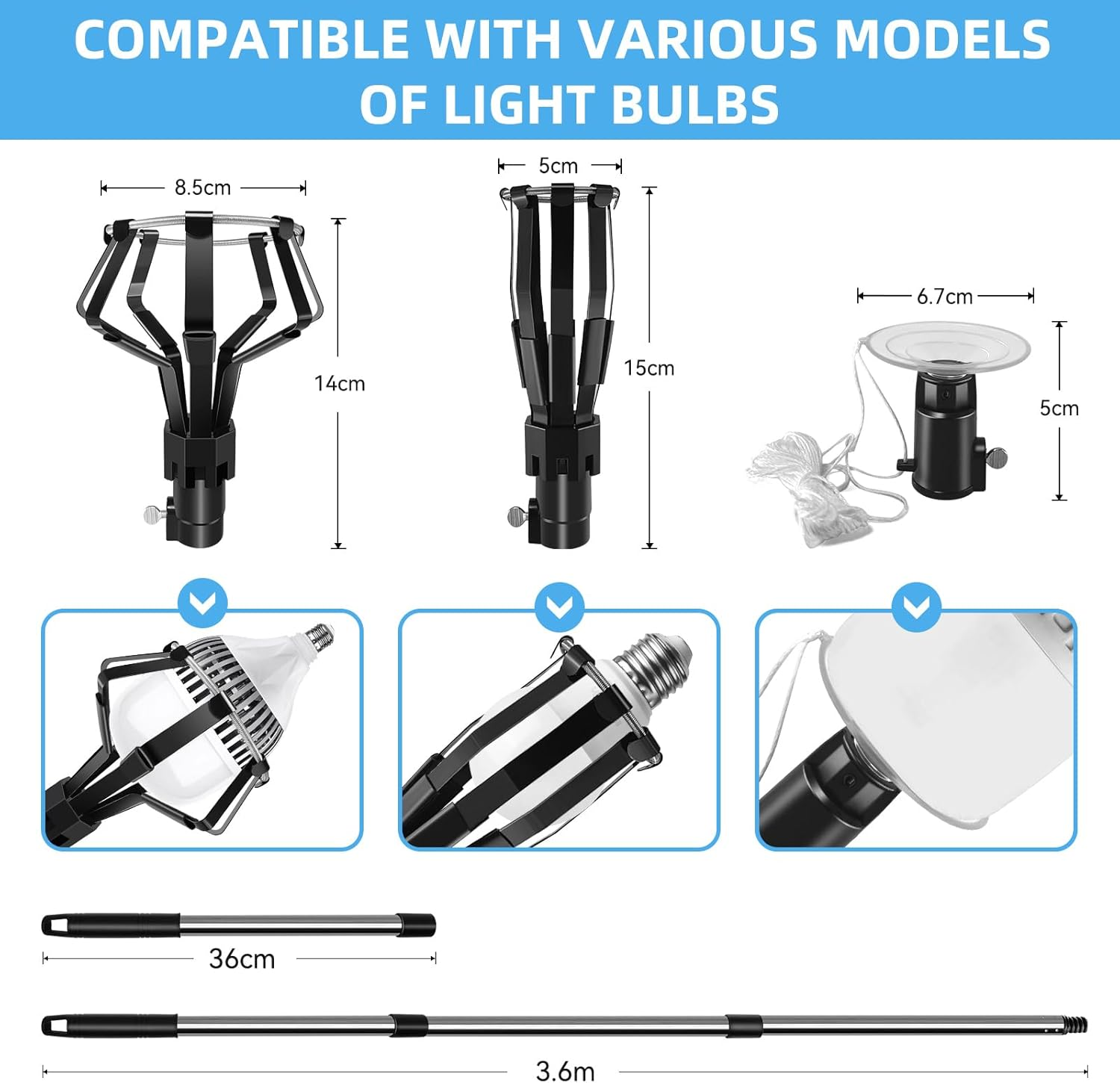 Light Bulb Changer High Ceiling, 3-12FT Assembled Light Bulb Changer for Recessed Lights with Extension Pole Changer， Baskets & Suction Cup, Bulb Removal Tool for Household, Camping (Black) image number 6