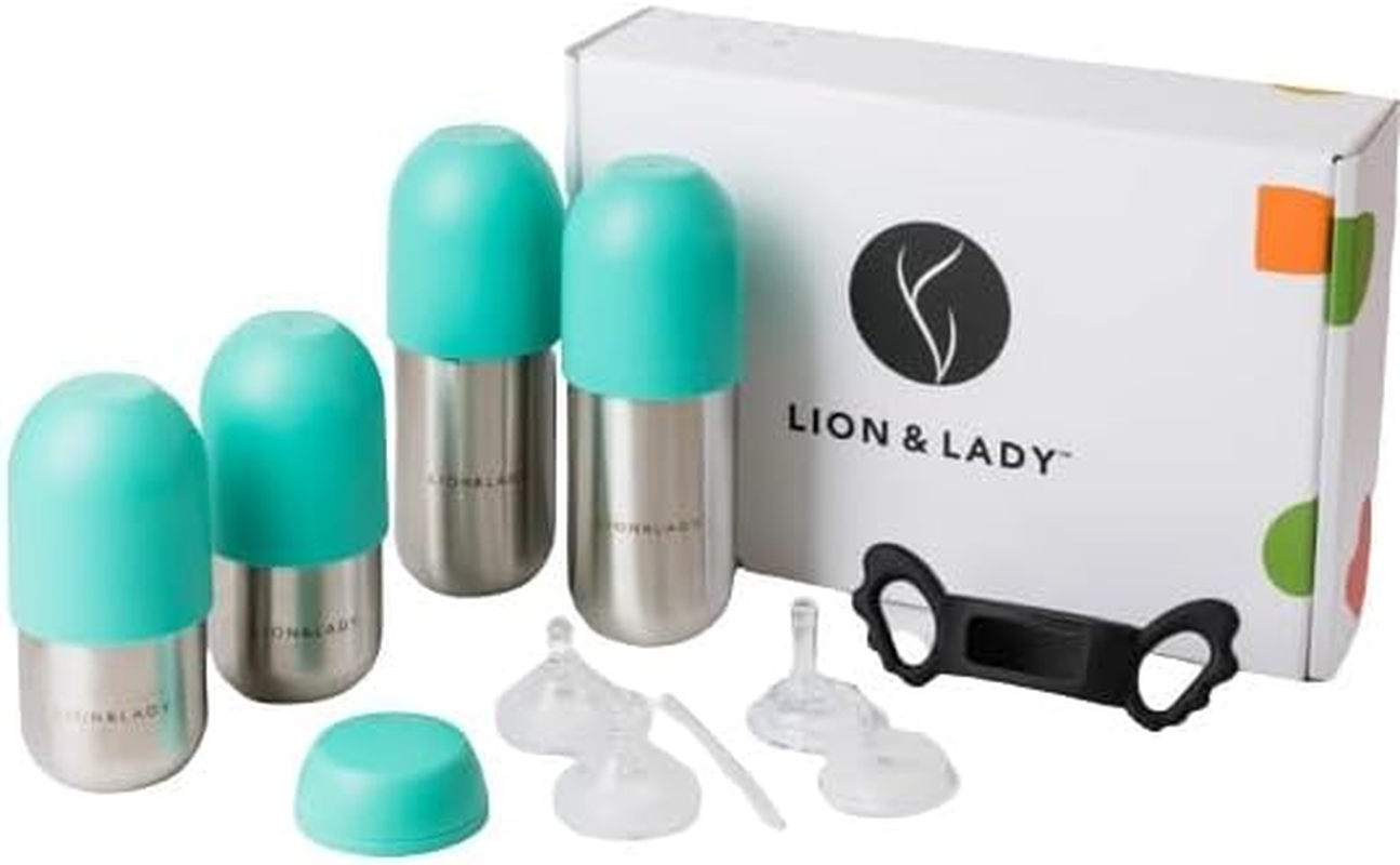 Lion & Lady Australia Baby & Toddler Feeding Supplies - 18/8 Stainless Steel Max Pack Baby Feeding Bottle Set with Cups for 6+ Months, Everything You Need to Start Solids (Fuchsia Pink)