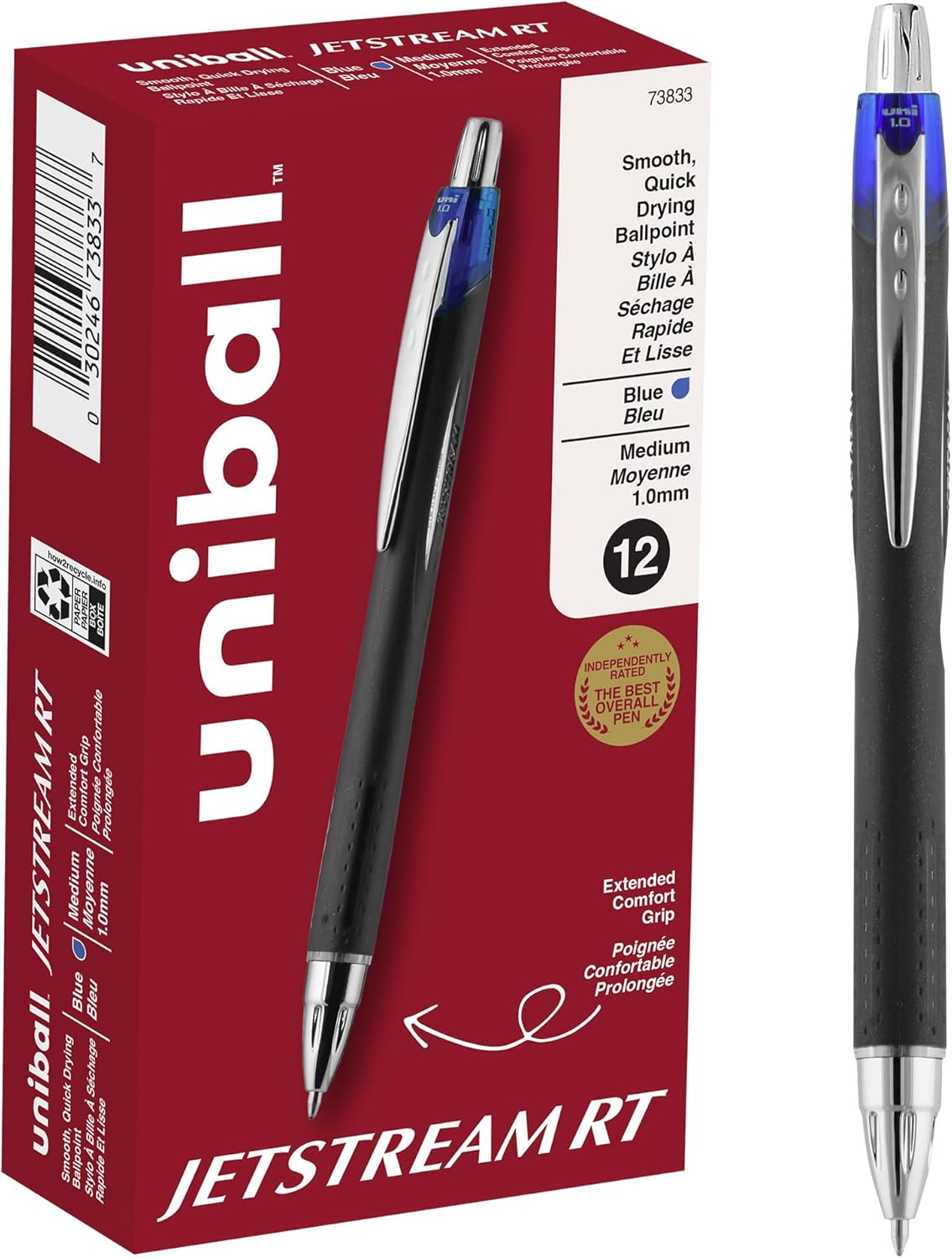 Uni-Ball Jetstream RT Retractable Ballpoint Pens Medium Point, 1Mm, Black, 12 Pack