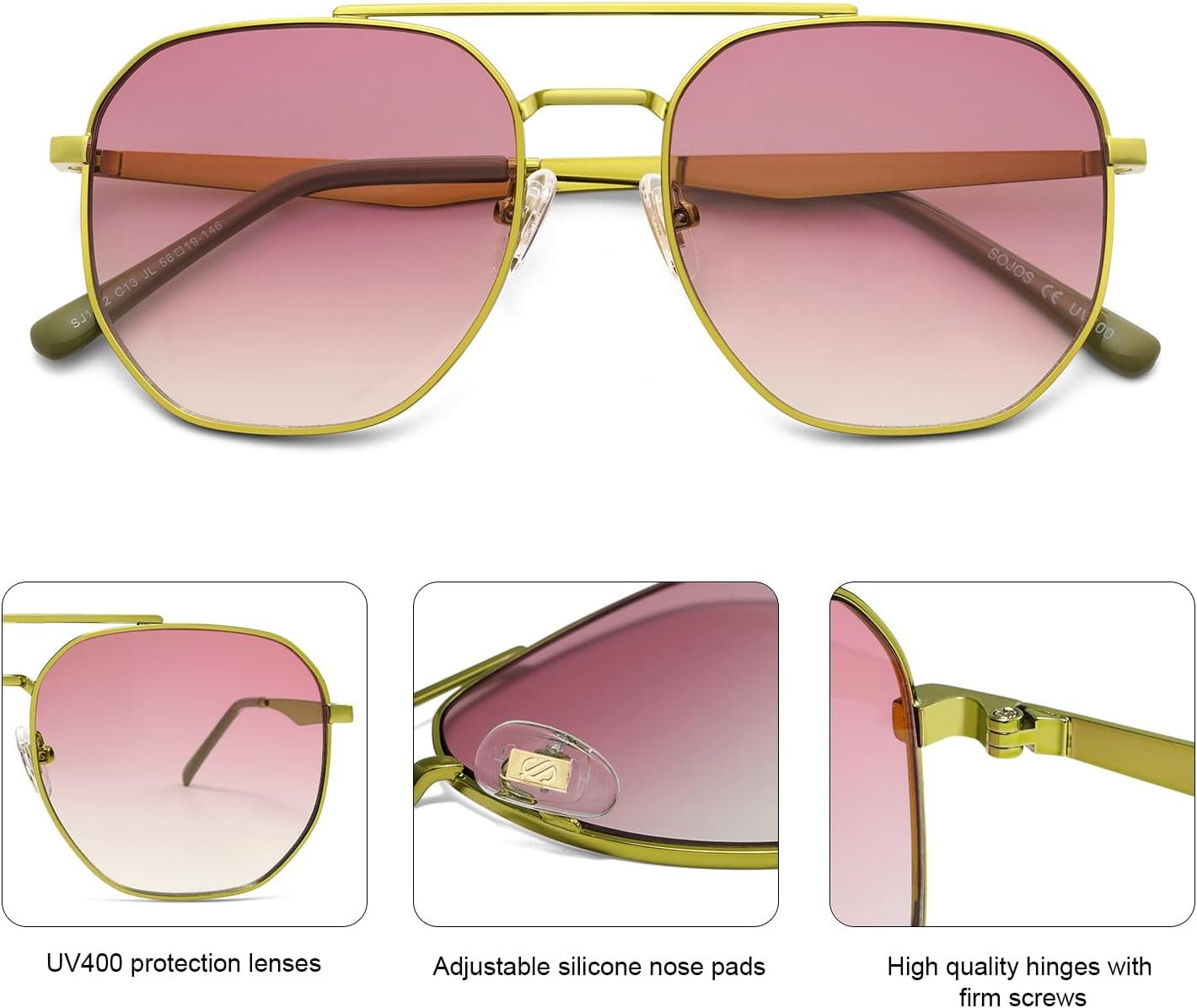 SOJOS Classic Square Aviator Sunglasses for Women Men Retro Hexagon UV400 Protection Shades SJ1222 image number 3