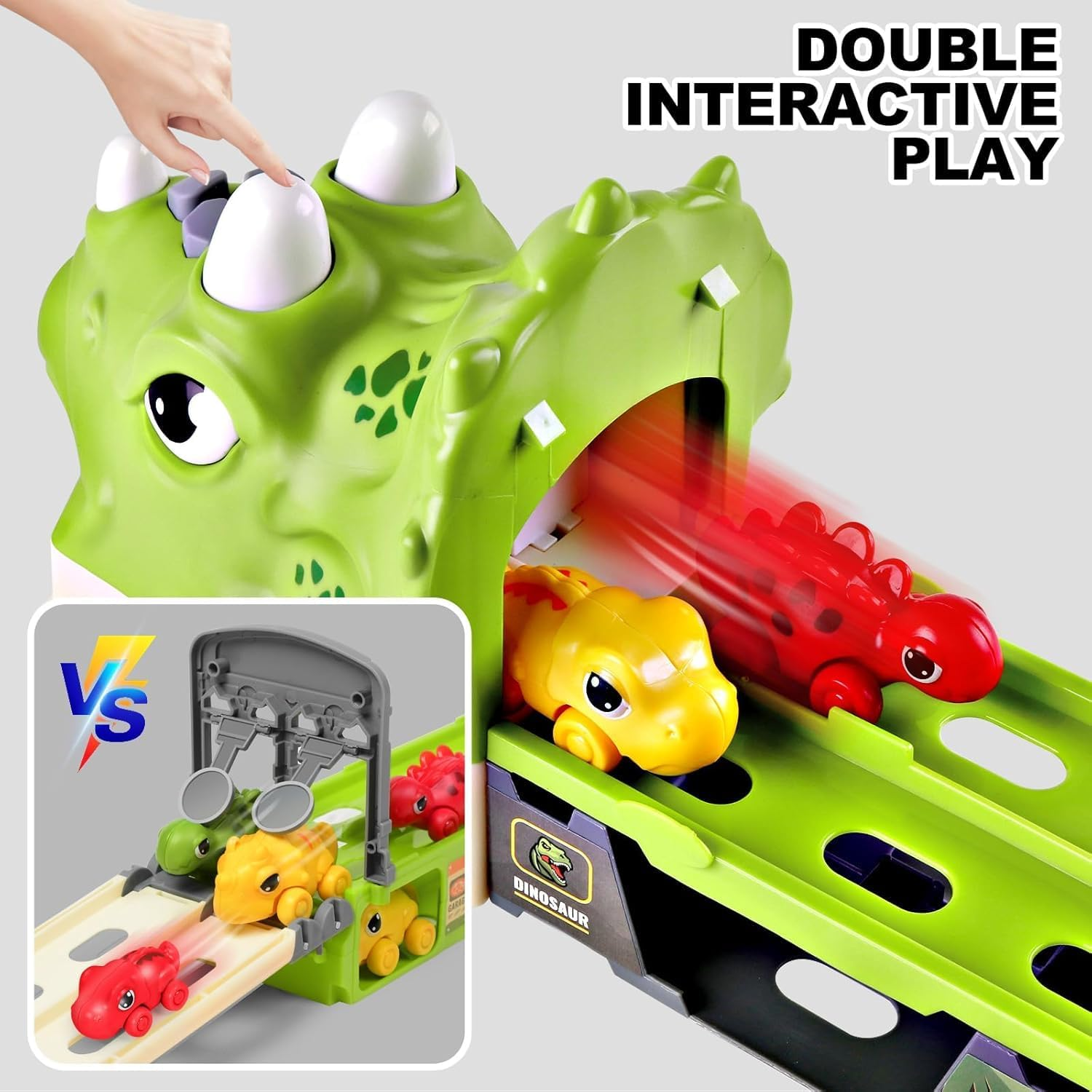 Dinosaur Hauler Truck with Ejection Race Track,1 Toy Triceratops Dinosaur Transport Carrier Truck with 6 Dinosaur Car Vehicles,Car Toys Playset with Lights Sounds,Kids Gifts image number 2