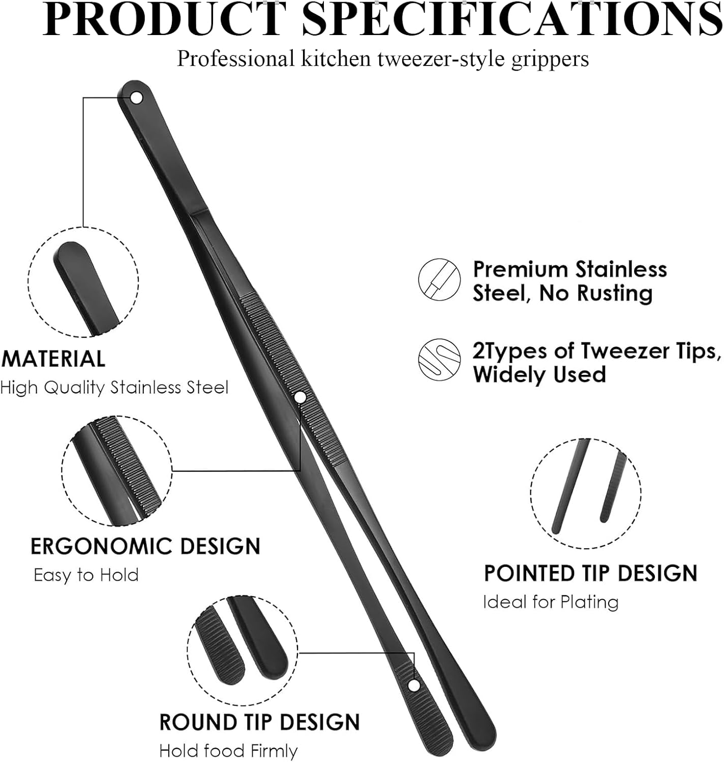 Rhoyee 4 PCS Black Stainless Steel Kitchen Tweezers Tongs Set &ndash; 10"& 12" Precision Cooking Tweezers with Serrated & Rounded Tips&ndash;Long Tweezer Tongs for BBQ, Food Plating, Seafood, Bartending & Repairs image number 6