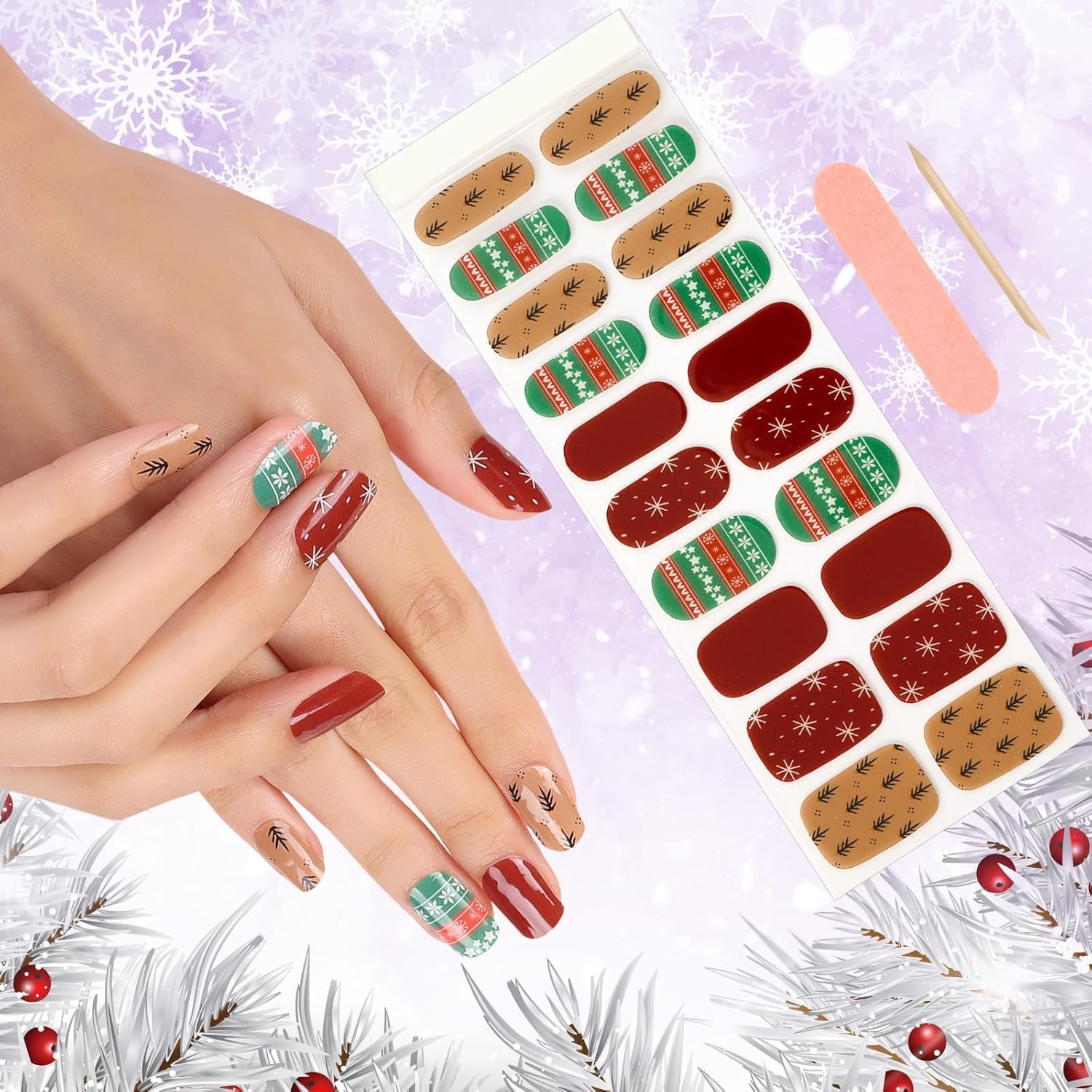 EBANKU Christmas Gel Nail Strips, Golden Red Gel Polish Strips - Long Lasting, Waterproof Full Nail Wraps - Includes Stick, File, Wipes & Sealing (UV/LED Lamp Required)