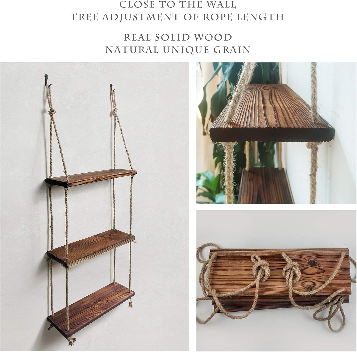 Hanging Shelves for Wall Rope Hanging Plant Shelf Rustic Wood Floating Shelf for Bathroom Bedroom Farmhouse Home D&eacute;cor image number 2