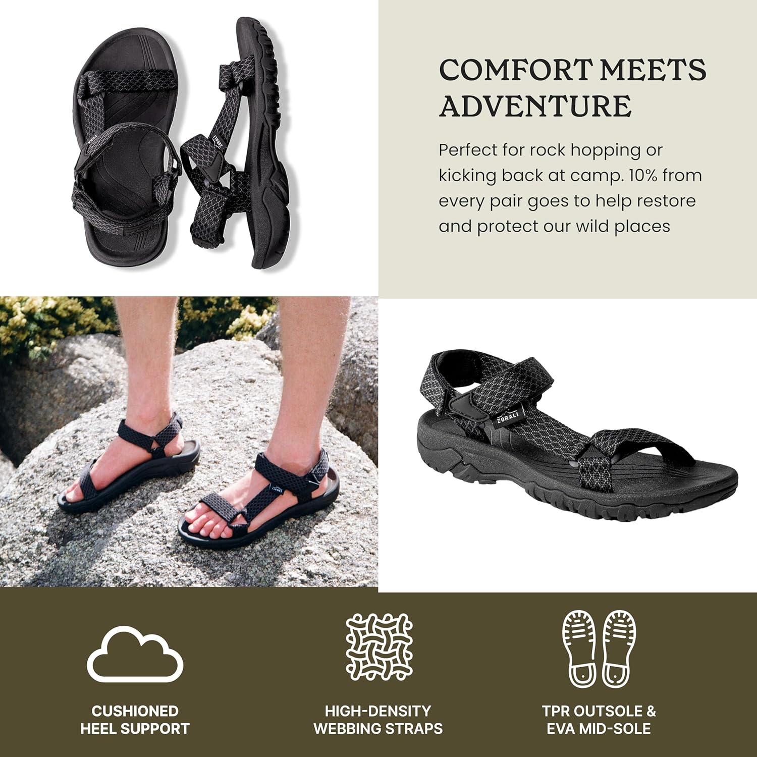 Zorali Trailblazer Hiking Sandals for Men & Women | Eco-Friendly, Adjustable, Water-Resistant Outdoor Sport Sandals for Hiking, Beach, and Camping - Lightweight Comfort with Arch Support image number 3