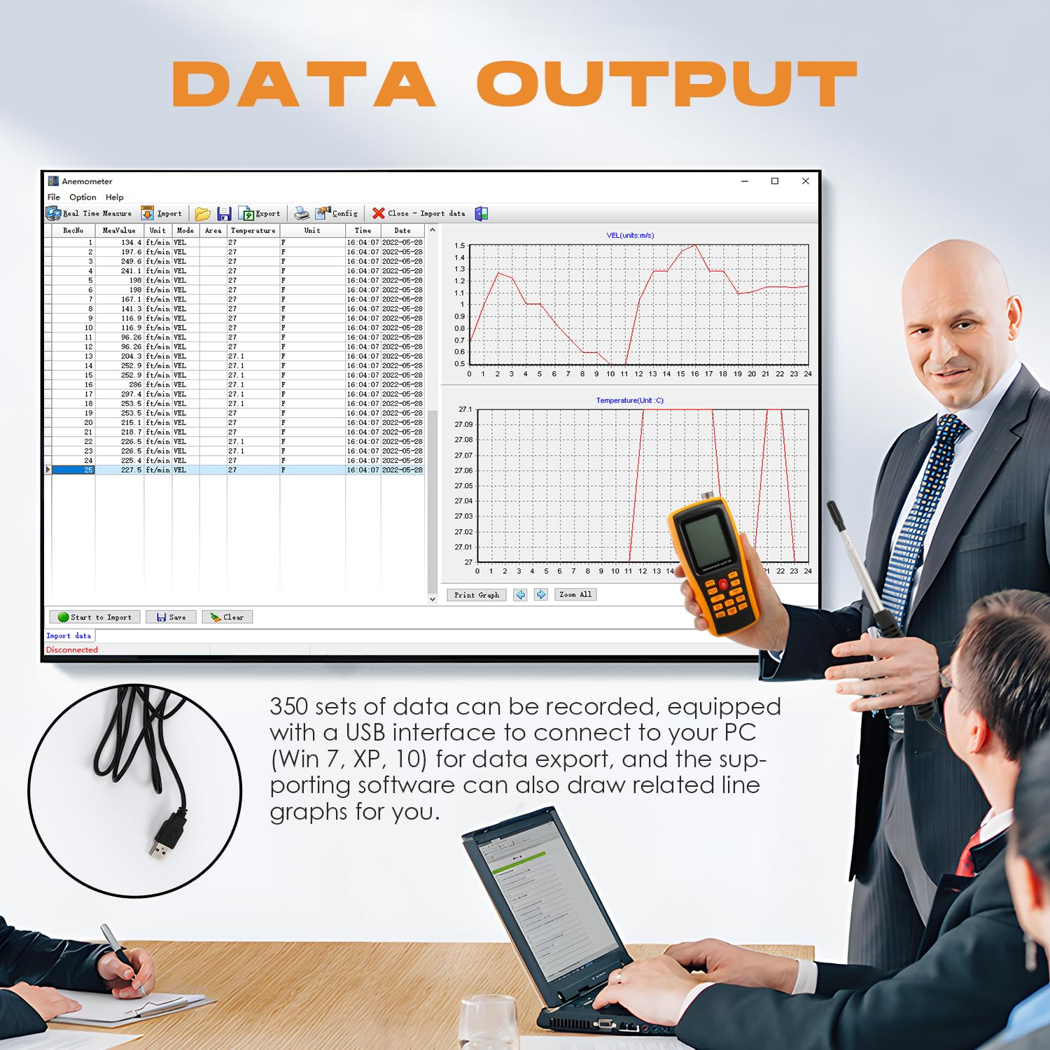 Bonvoisin Hotwire Anemometer Handheld CFM/CMM Air Flow Velocity Meter Wind Speed Gauges with Backlight LCD Display for HVAC In-Duct Airflow Air Velocity Temperature(Thermal Anemometer)