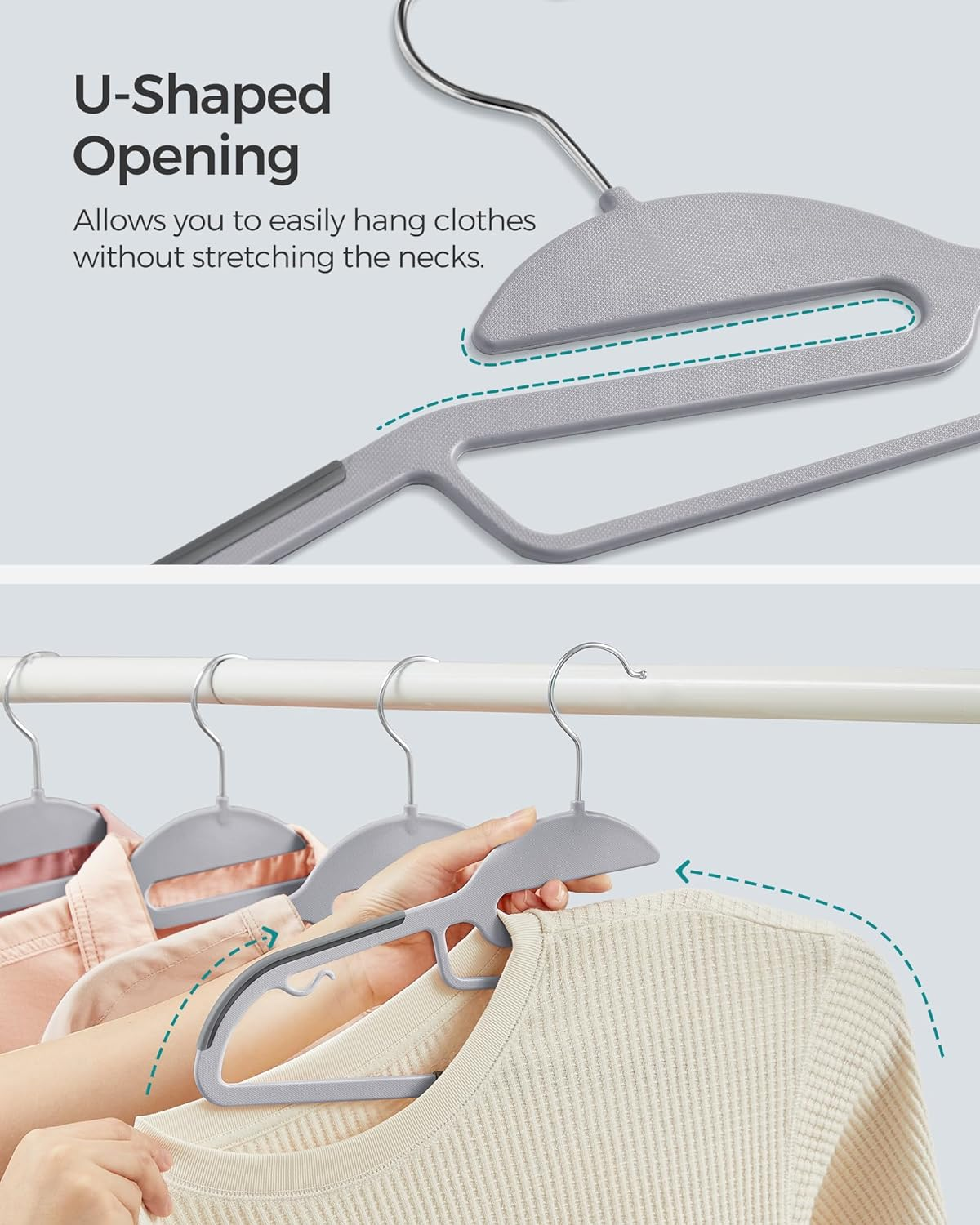 SONGMICS 30 Pack Coat Hangers, Heavy-Duty Plastic Suit Hangers, S-Shaped Opening, Space-Saving, 360&ordm; Swivel Hook, 16.3 Inches Wide, Light Gray and Dark Gray UCRP041G05