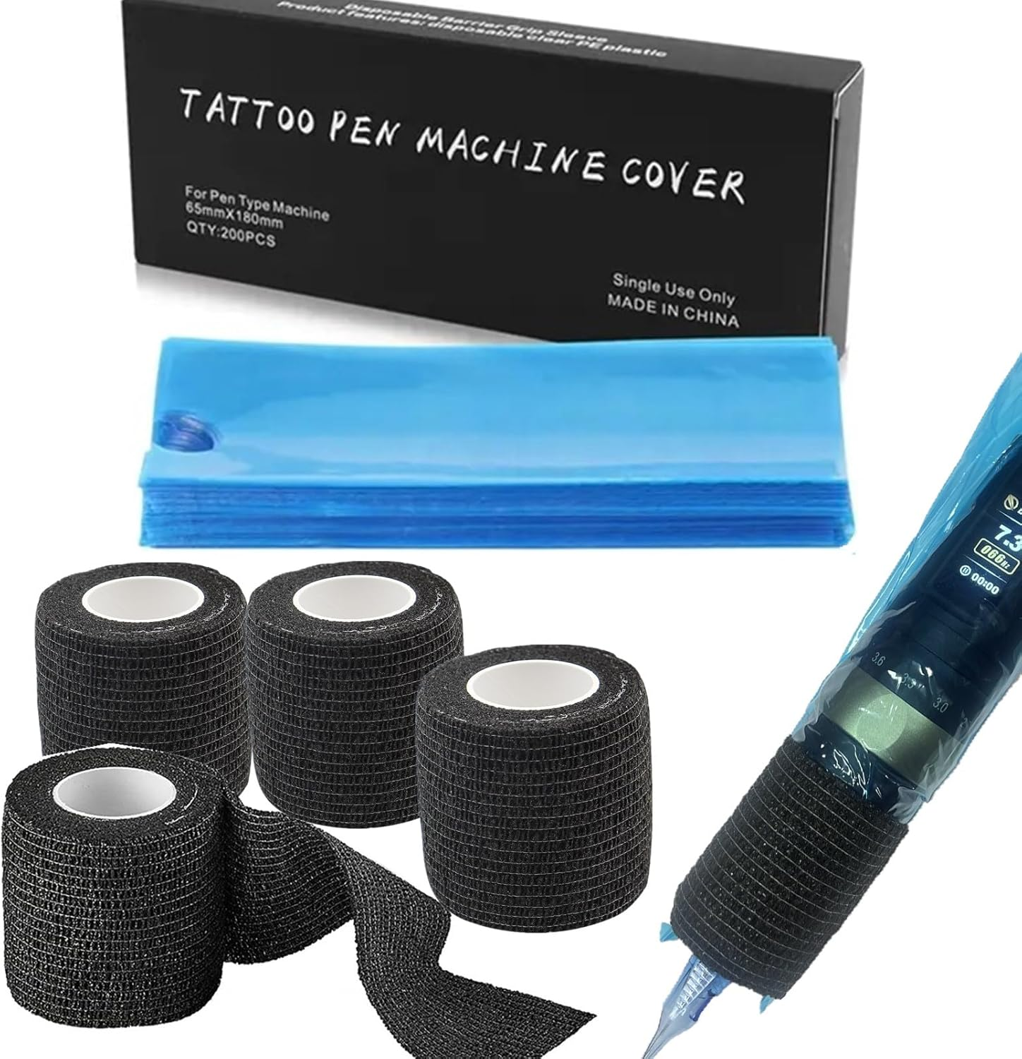 Large Machine Pen Covers with Grip Tape - Yuelong 200Pcs Blue Tattoo Pen Bags and 4Pcs Grip Wrap Kit Combination Machine Sleeves Bags Self-Adhesive Grip Covers Tattoo Supplies for Artist