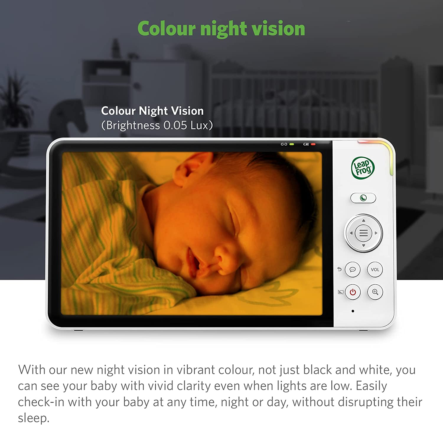 Leapfrog LF915HD 5" Pan & Tilt Video Baby Monitor, Colour Night Vision, Night Light, 2-Way Talk, Soothing Sounds, Temp/Humidity Sensor & Motion Detection, up to 15 Hours Battery Life image number 6