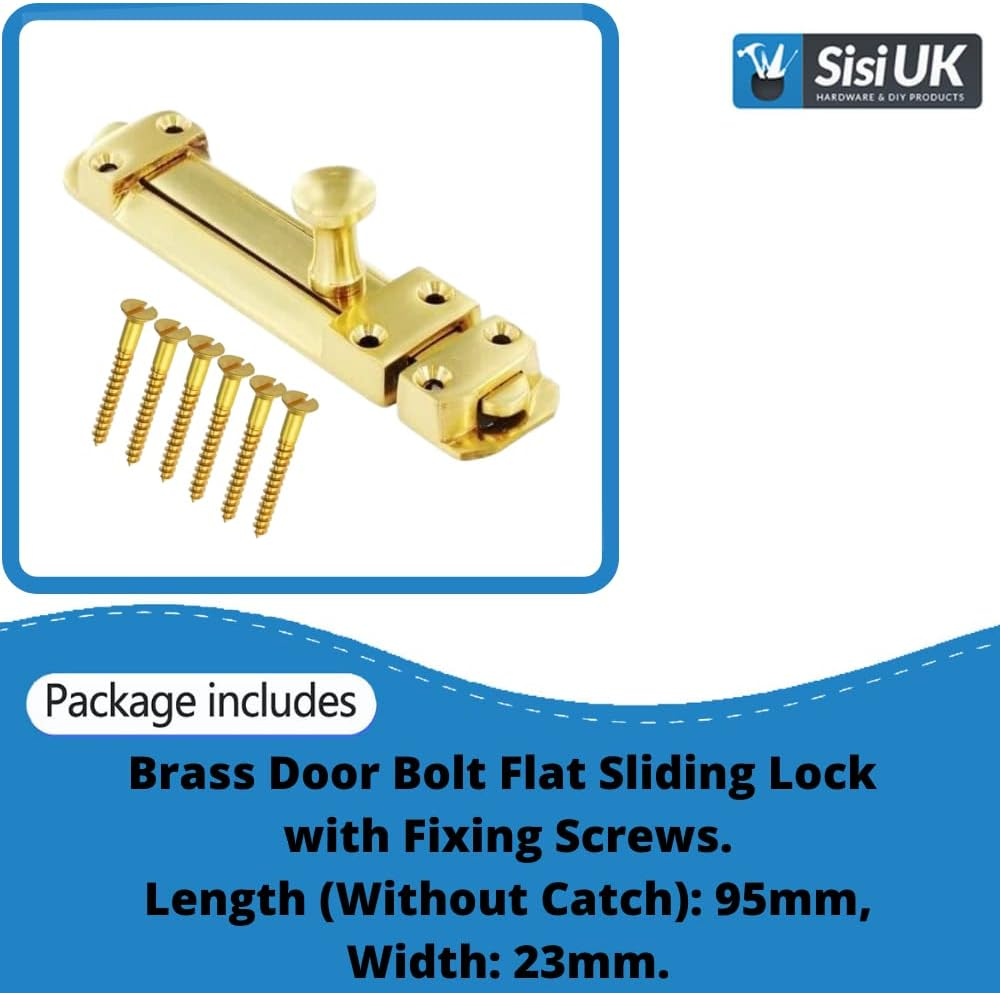 Brass Door Bolts 4 Inch Flat Bolt Surface Door Latches Tower Bolt Sliding Lock Flat Slide Safety Door Barrel Bolt with Screws 1 Pack.