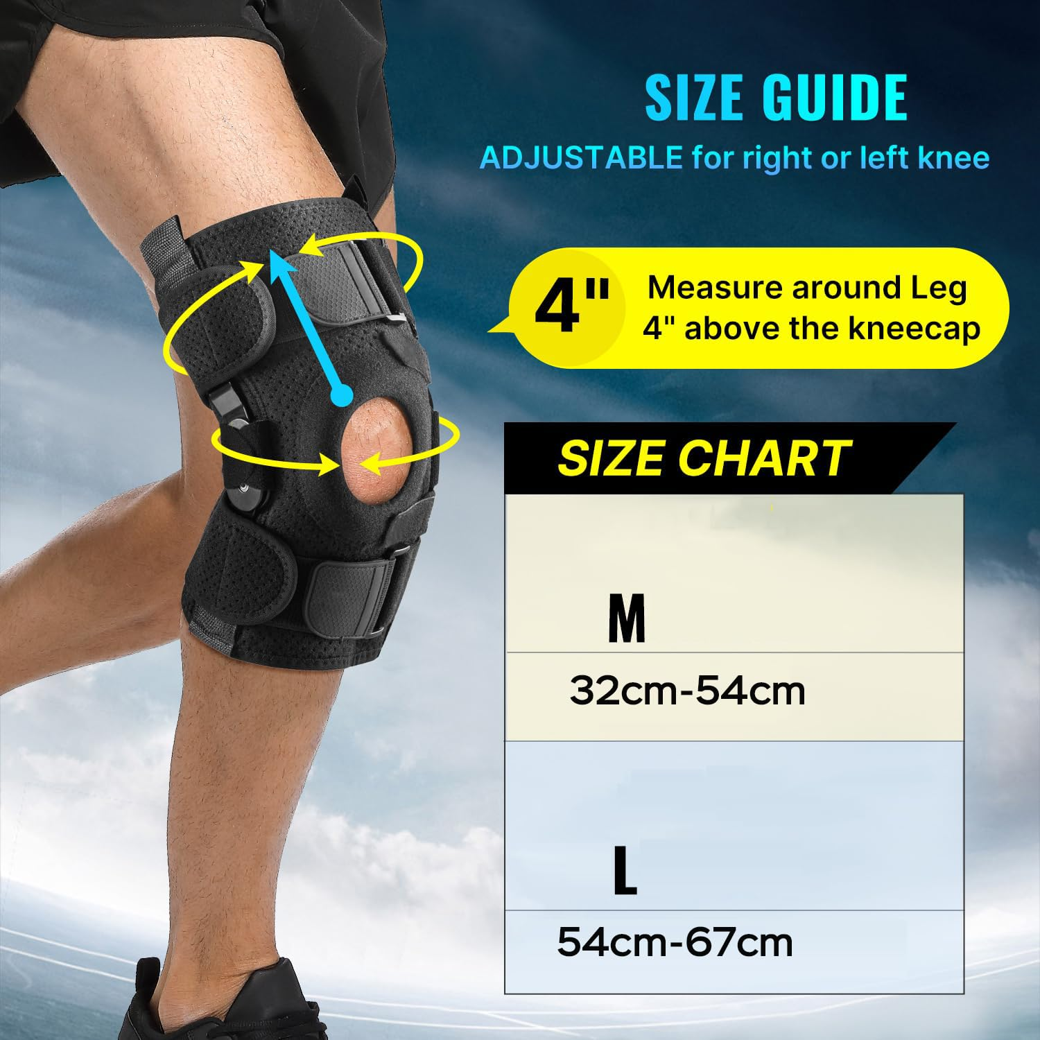 Hinged Knee Brace for Men and Women, Breathable Fabric Adjustable Patellar Knee Support for Meniscus Tear Knee Pain Relief Meniscus Arthritis W/Side Stabilizers & Hinge S - Black M image number 4
