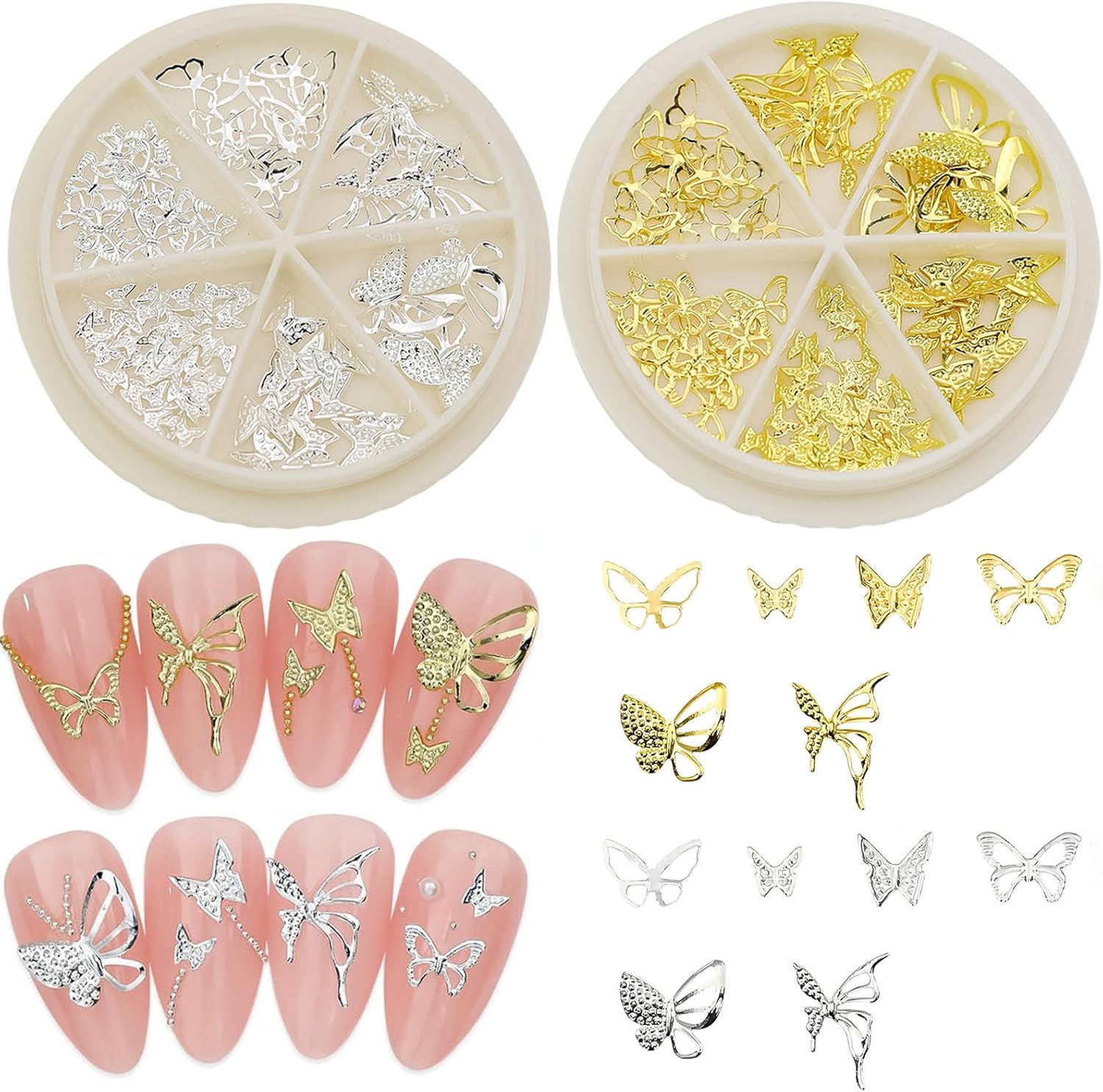 Butterfly Nail Charms, 2 Boxes Gold Silver Butterfly Nail Gemstones, Metal Alloy Hollow Butterflies Nail Art Decoration Accessories Nail Studs for Women and Girls, Manicure Design image number 5