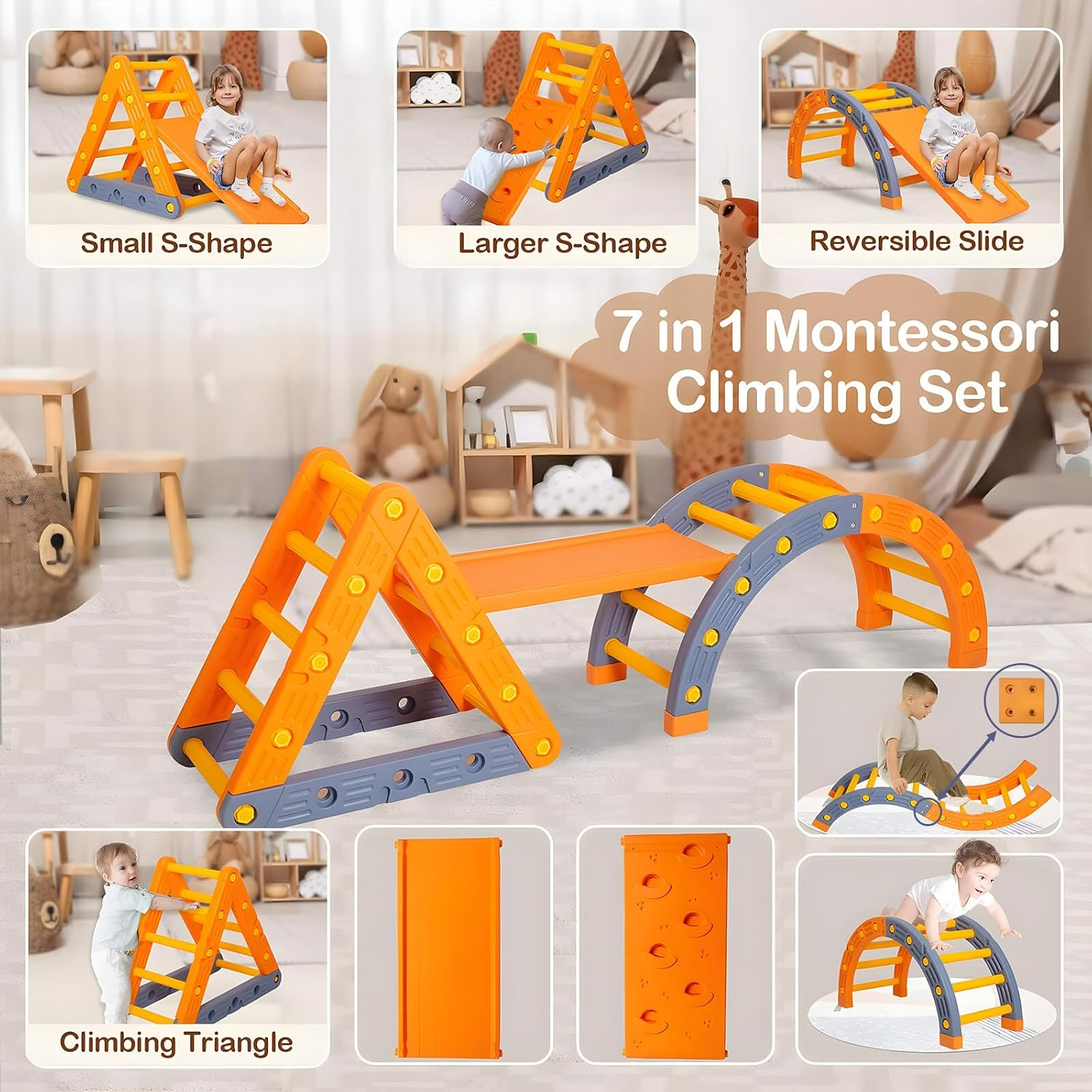 7In1 Pikler Triangle Climber Toys Set for Kids, Montessori Climbing Set with Arch & Ramp & Ladder, 3 Piece Removable Baby Jungle Climbing Gym Outdoor & Indoor Playground for Kids 1-3 image number 5