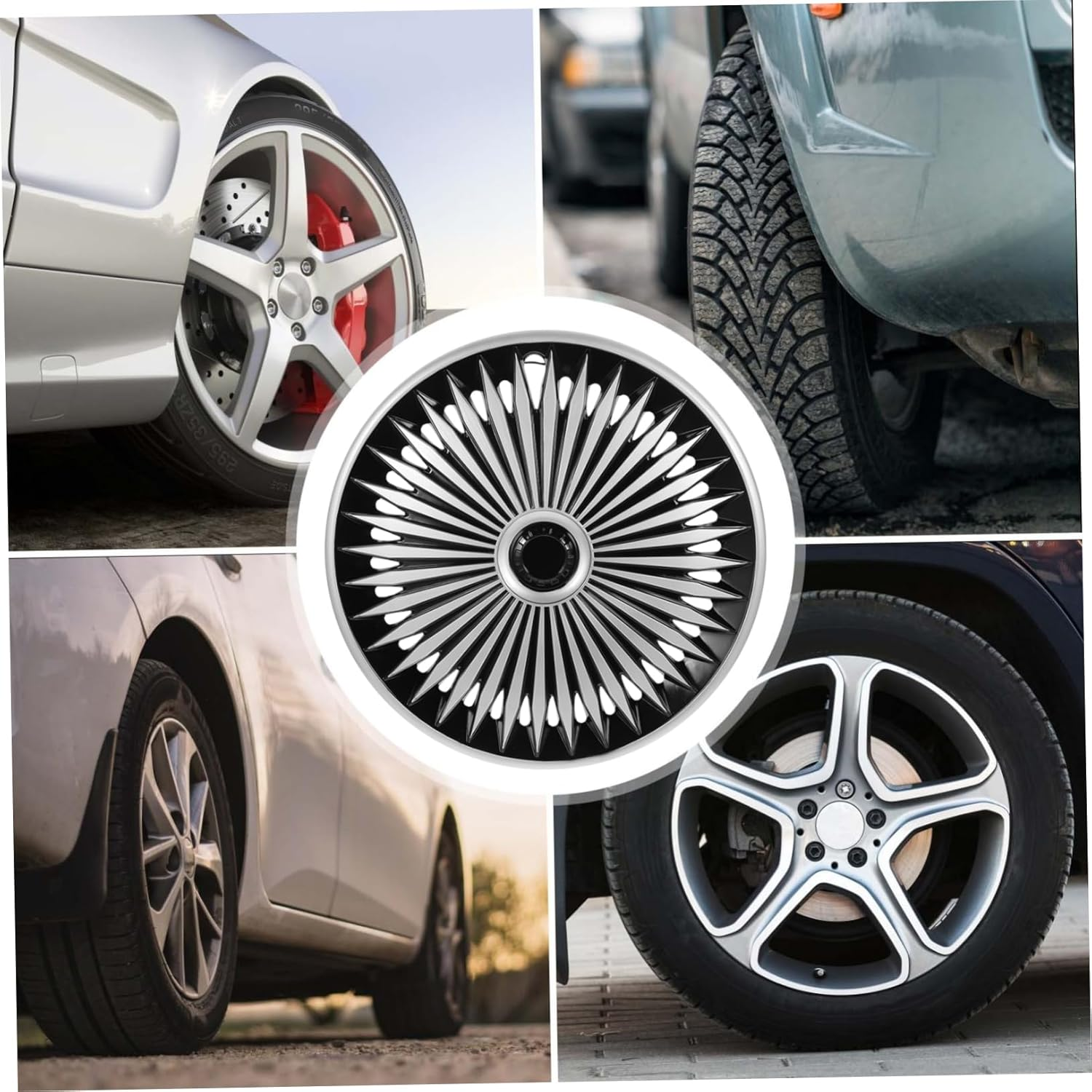 SEWOART Car Wheel Decorative Rim Cover Automotive Hub Caps Silver Black Easy Install