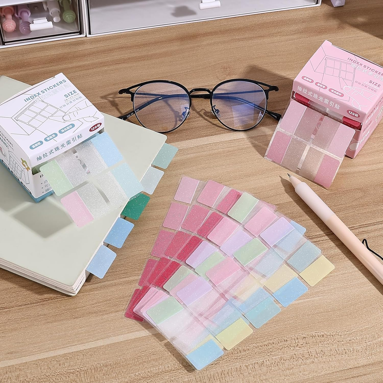 BAYTORY 240 Sheets Transparent Sticky Note, 11 X 9.8 Inch Pop-Out Book Annotating Tabs Glitter Roll Tape with Pull Out Dispenser Boxes, Memo Pads Sticker Label for Noting Writing (Pink & Colored) image number 4