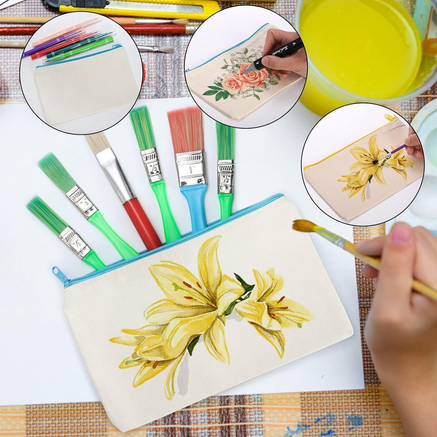 Yarlung 30 Pack Canvas Zipper Pouch, 8X5 Inches Blank DIY Craft Pencil Case Multipurpose Makeup Bags for Pen, Cosmetic, Invoice Bill, Travel Toiletry, 6 Colors Zippers, Black, Blue, Yellow, Green, Red, Pink Zipper, 8.27'' L X 5.12'' W image number 1