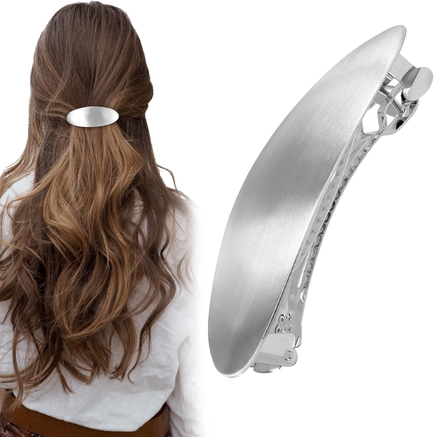 3Inch Oval Hair Barrette Vintage Metal Large Hair Clip Silver French Wedding Prom Formal Hair Accessories for Women Girls Long Thick Hair