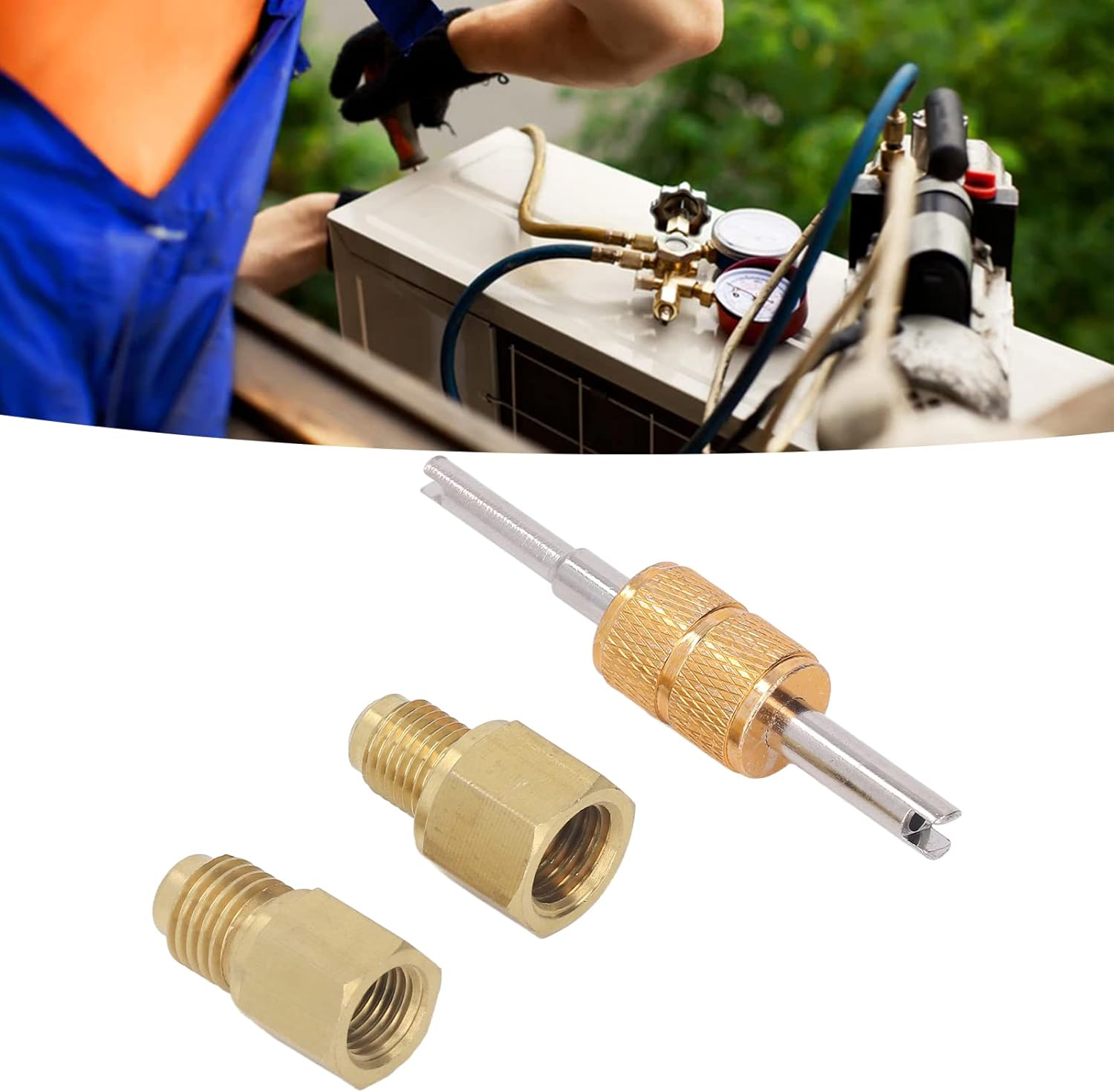 Fdit Fdit Copper Refrigerant Tank Adapter Kit - Dual Size 1/2" Acme to 1/4" SAE Reverse, HVAC Adapter Fittings with Valve Core Tool image number 4