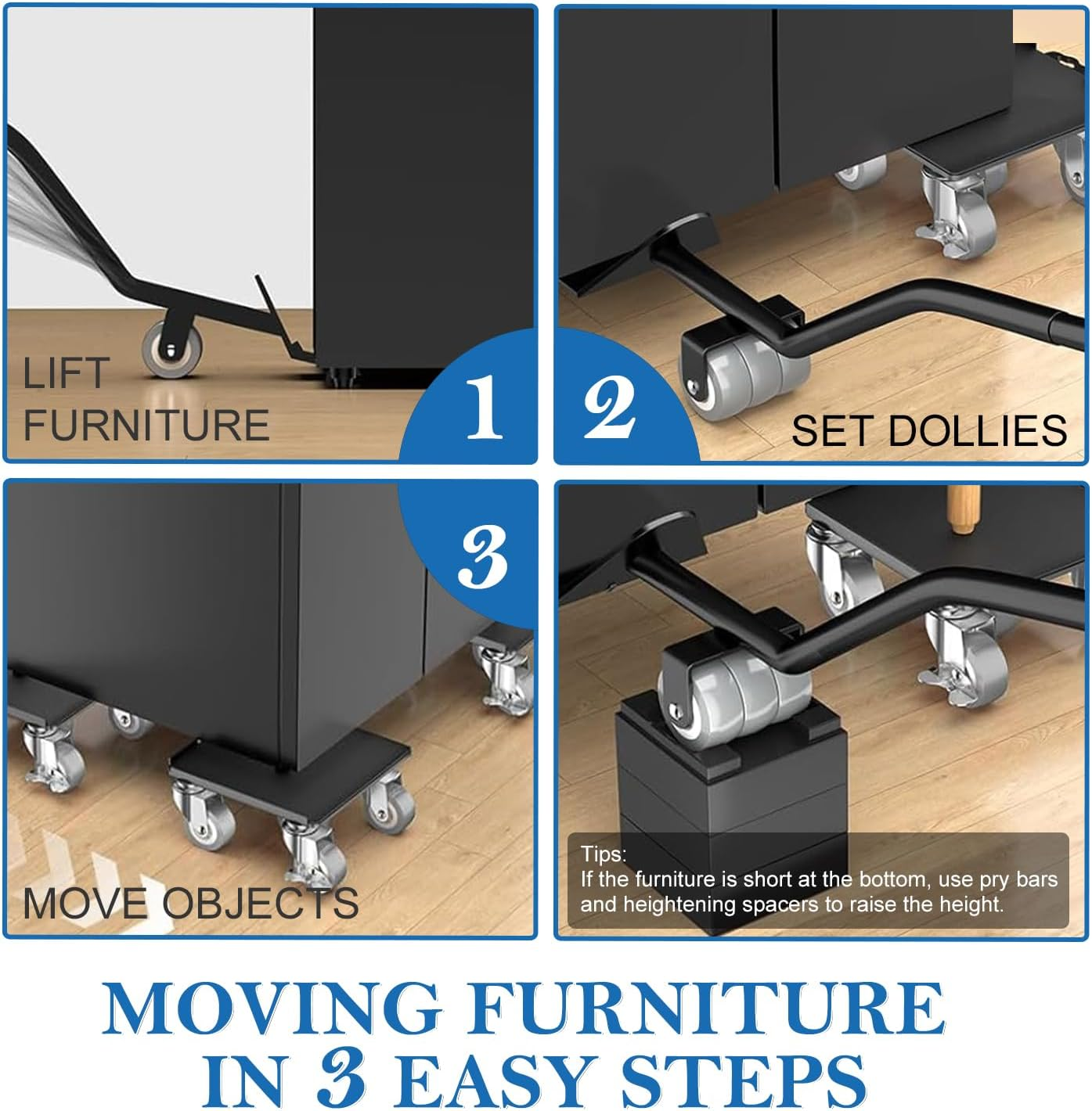 Xkimos Heavy Duty Furniture Mover, 3086.5Lb（1400Kg）Capacity, Carbon Steel Furniture Lifter with Lift & Anti-Slip Pads, 5 X 360&deg;Furniture Sliders Wheels, Professional Dolly Tool for Furniture Handling image number 3
