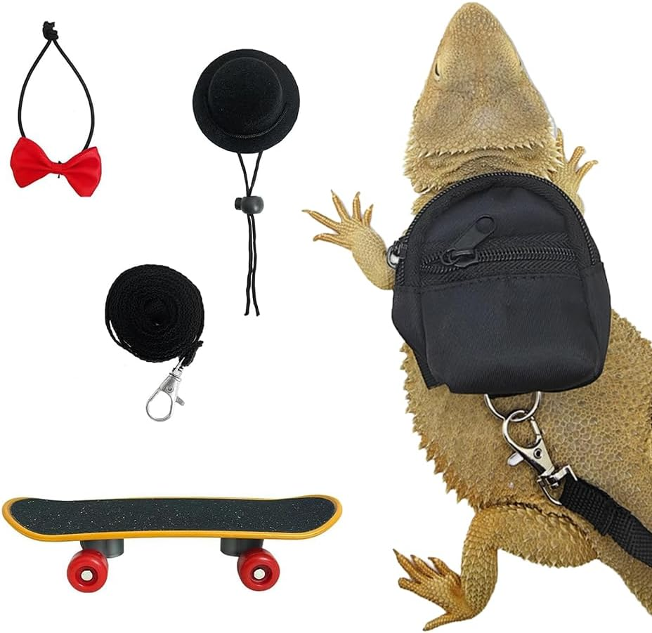 5 Pack Bearded Dragon Harness Set,With Adjustable Backpack Hat Bow Tie & Mini Skateboard Toy,Reptile Adventure Kit for Outdoor Adventures Lizard Reptile Care image number 5