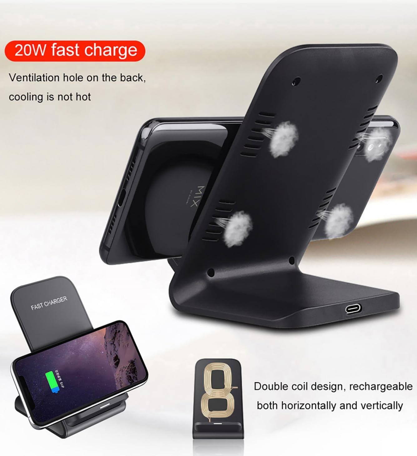 2 Pack 20W Wireless Charger Stand for Samsung, Fast Wireless Charging Stand for Apple Iphone, for Samsung Galaxy S22/S21/S20, for Google Pixel, for LG and All Qi-Enabled Devices(Black-01) image number 4