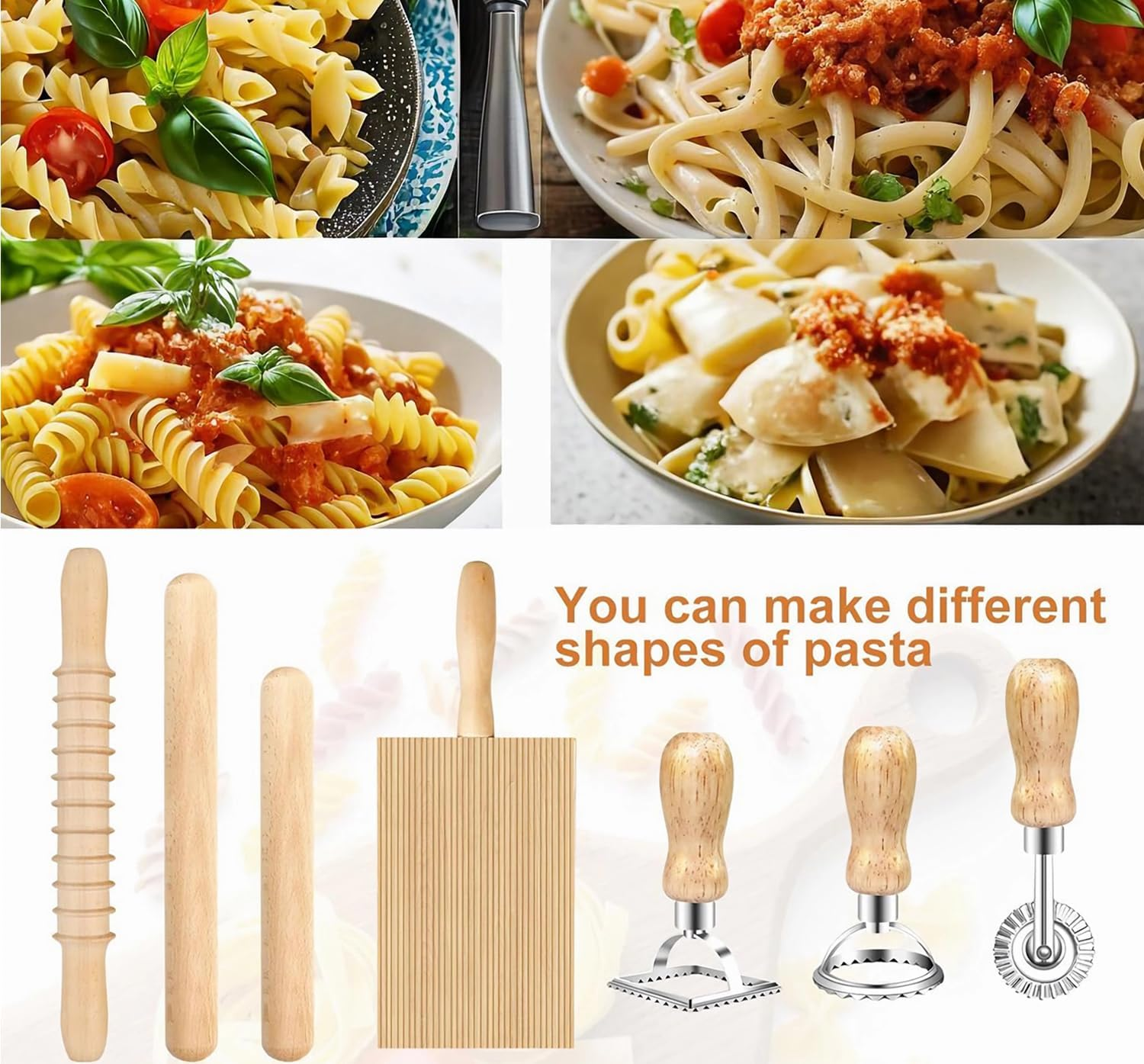 8-Piece Pasta Making Tools Set | Wooden Gnocchi Board, Pasta Cutter, Rolling Pin, Ravioli Stamps | Pasta Maker Accessories| Pizza Rolling Pin & Ravioli Press | Gnocchi Board Wood | Pasta Shape Maker image number 5