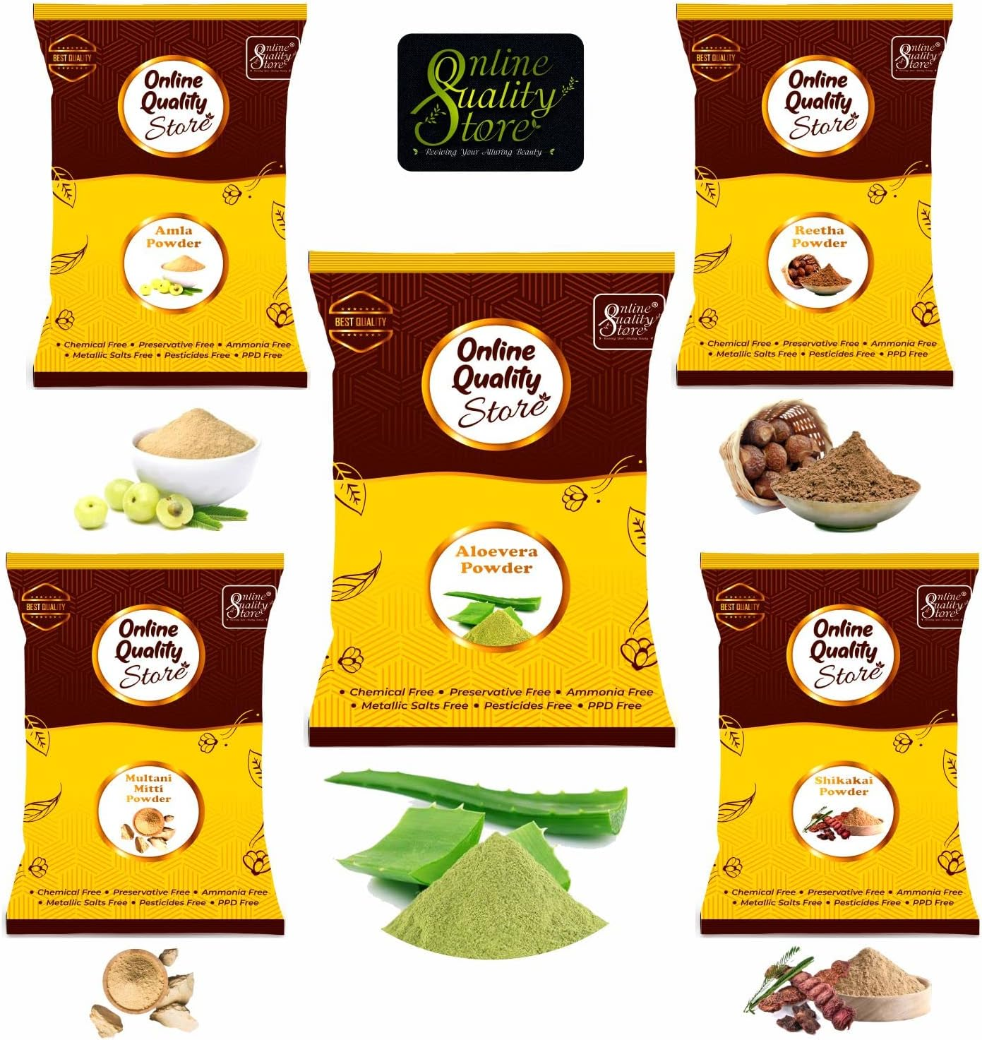 Online Quality Store Amla(175 Grams) Reetha(175 Grams) Shikakai(175 Grams) Multani Mitti(200 Grams) and Alovera Powder(175 Grams) for Hair in Separate Packaging (Total :- 900 Grams) - Offer of the Day image number 2