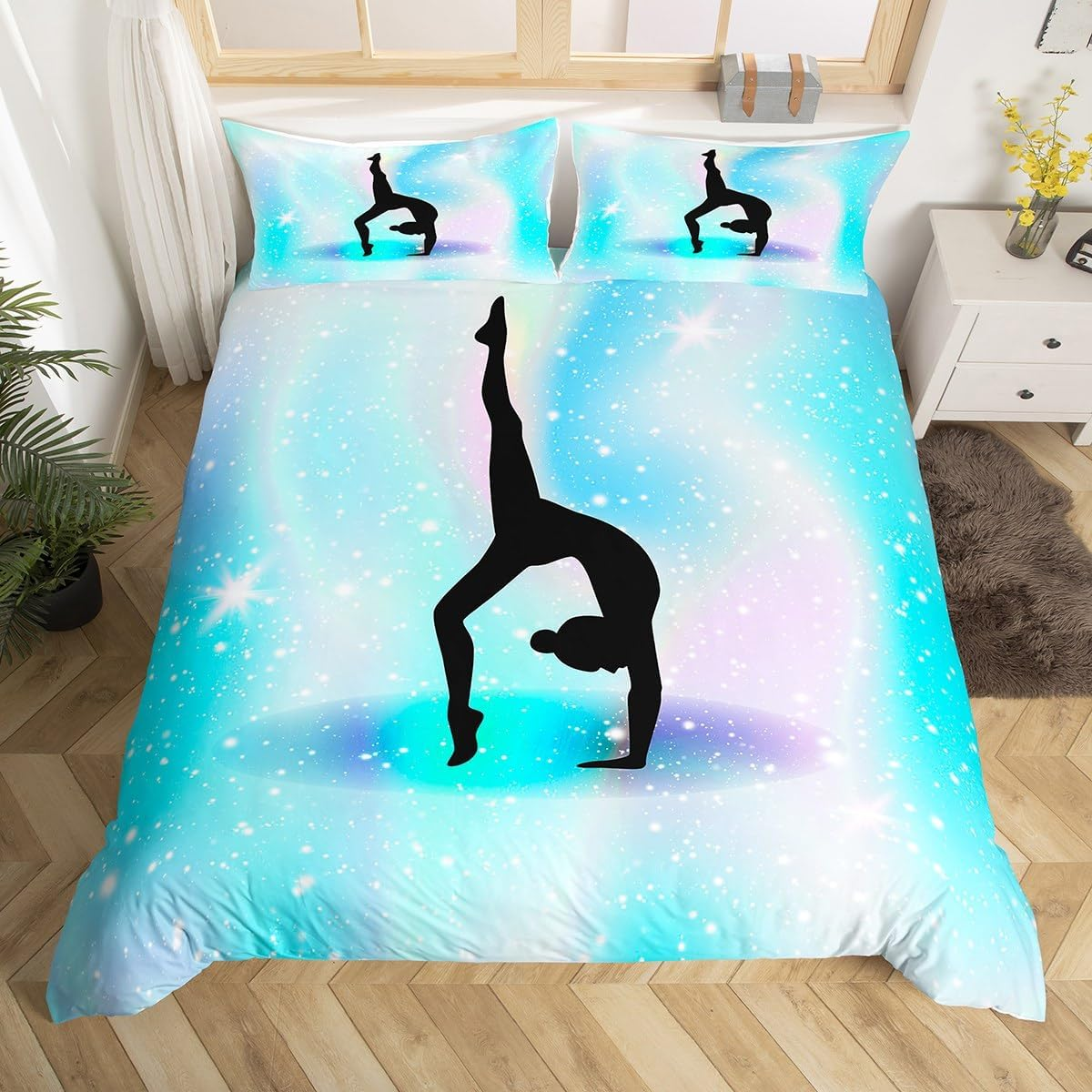 Homewish Gymnastics Duvet Cover 135 X 200 Cm Children, Gymnastics Lovers Bedding Set for Girls Teenagers, Space Stars Glitter Duvet Cover Set with Starry Sky Rainbow Decor 3D Pattern Teal