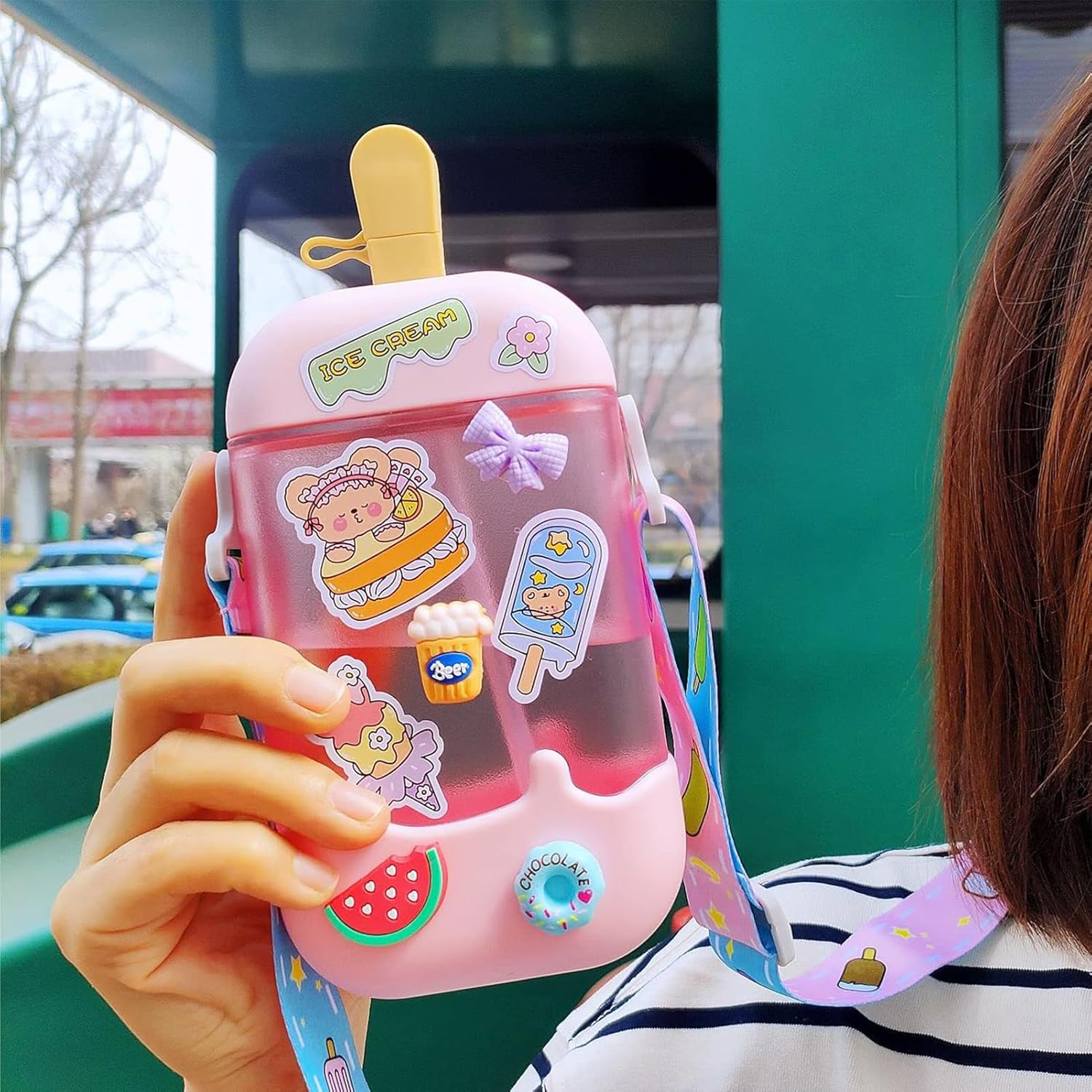 Kawaii Water Bottle Cute Ice Cream Water Bottles with Straw, Kawaii Popsicle Water Bottle with Adjustable Shoulder Strap and Stickers, Popsicle Cup for School Girls and Boys, Bpa-Free 400Ml (Pink)
