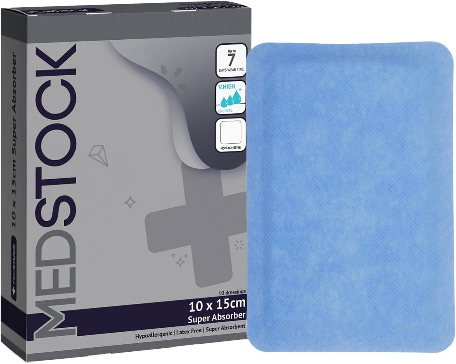 MEDSTOCK Super Absorber Dressing, 10CM X 15CM, 10 Count, Wound Care, Ultimate Absorption, Holds Extra Volumes of Exudate, Less Frequent Dressing Changes, Reduces Damage Risk & Maceration image number 2