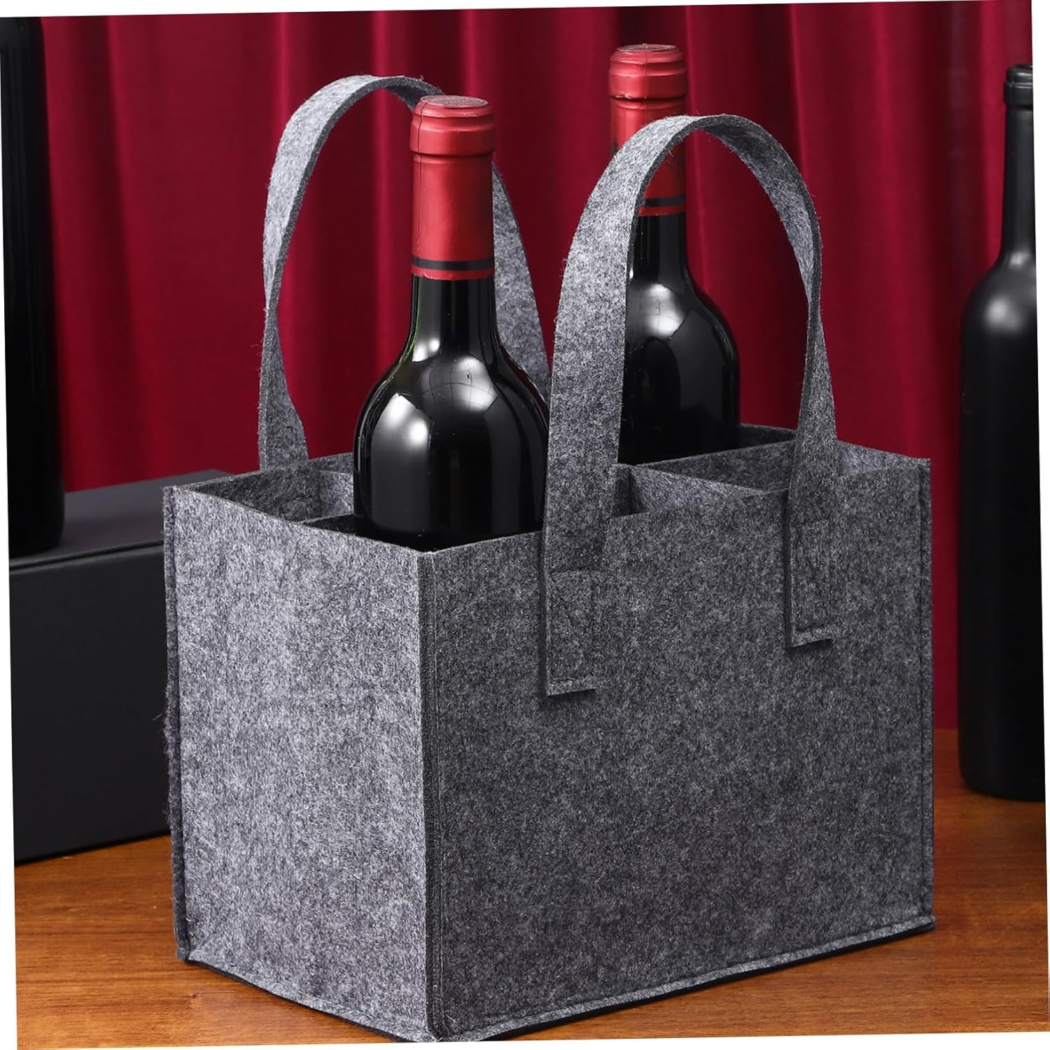 HYTROVE Reusable Felt Wine Tote Bag with Divider for 6 Bottles Medium Grey Felt Bottle Handbag Wine Storage Carrier for Travel and Set of 4 image number 1