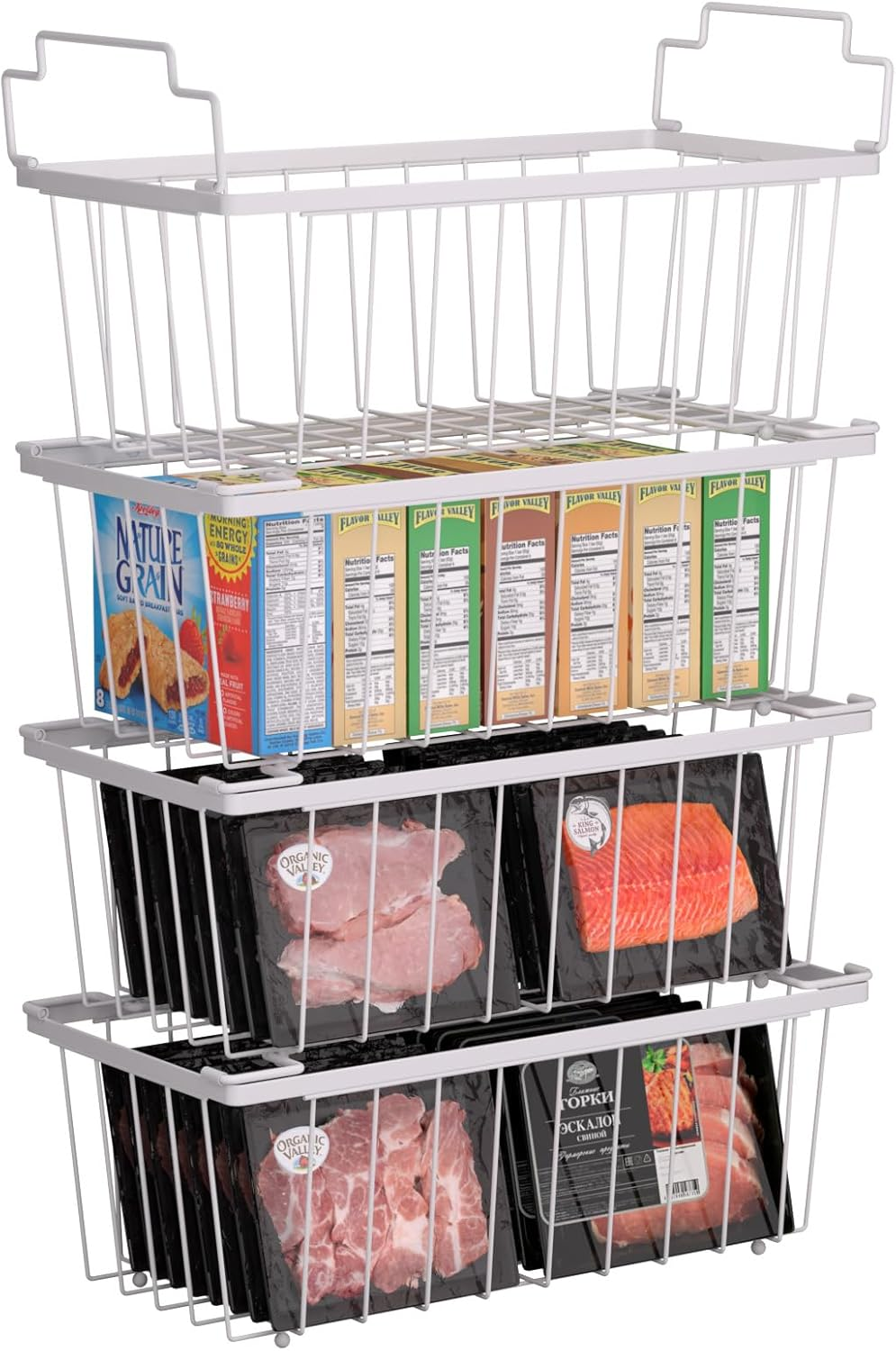 4 Pack Freezer Organizer Bins(14.6&lsquo;&rsquo;L X 7.1&lsquo;&rsquo;W X 5.2&lsquo;&rsquo;H) for 7 Cu.Ft Deep Ches Freezer Sort Frozen Meats | Stackablet Deep Freezer Organizer Bins Get Food Easily W/Handle(Black), Gifts Ideas for Mom