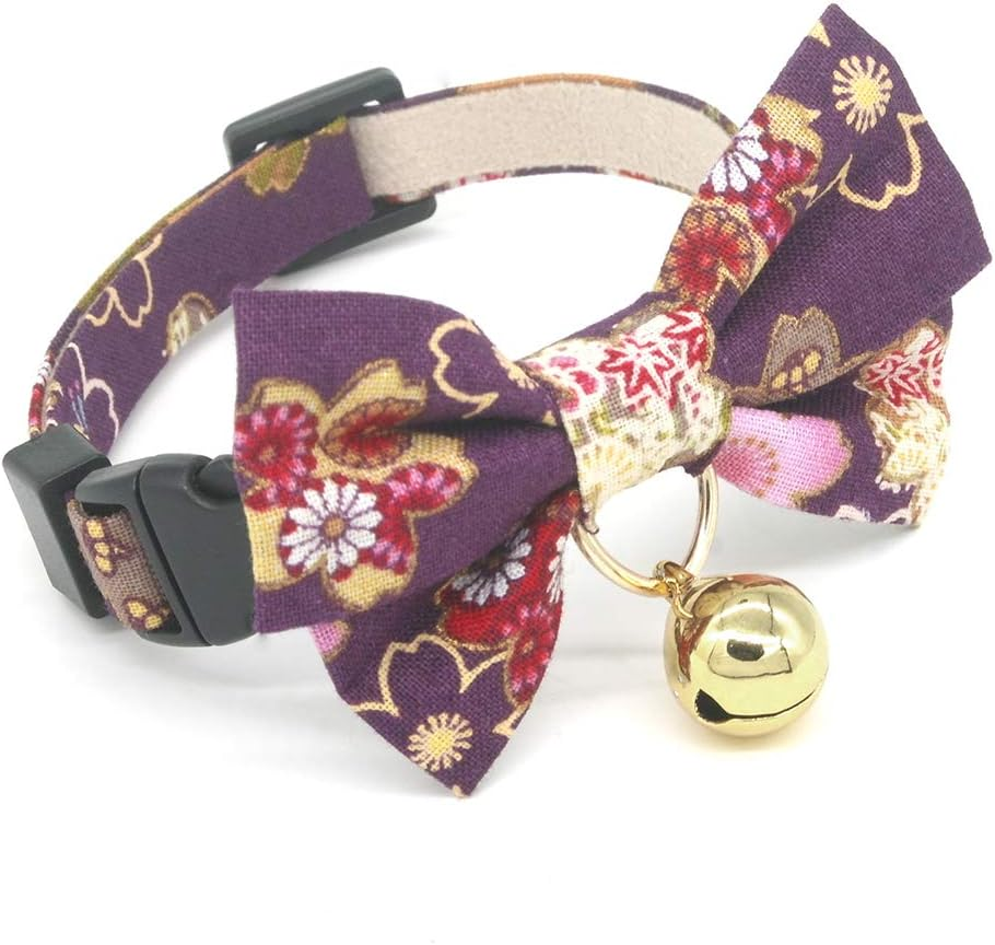 Petsokoo Double Bowtie Breakaway Cat Collar with Bell. Japan Colorful Sakura Kimono Style. 104% Cotton. Soft, Cute for Girl Male Adult Cats Collar,Purple