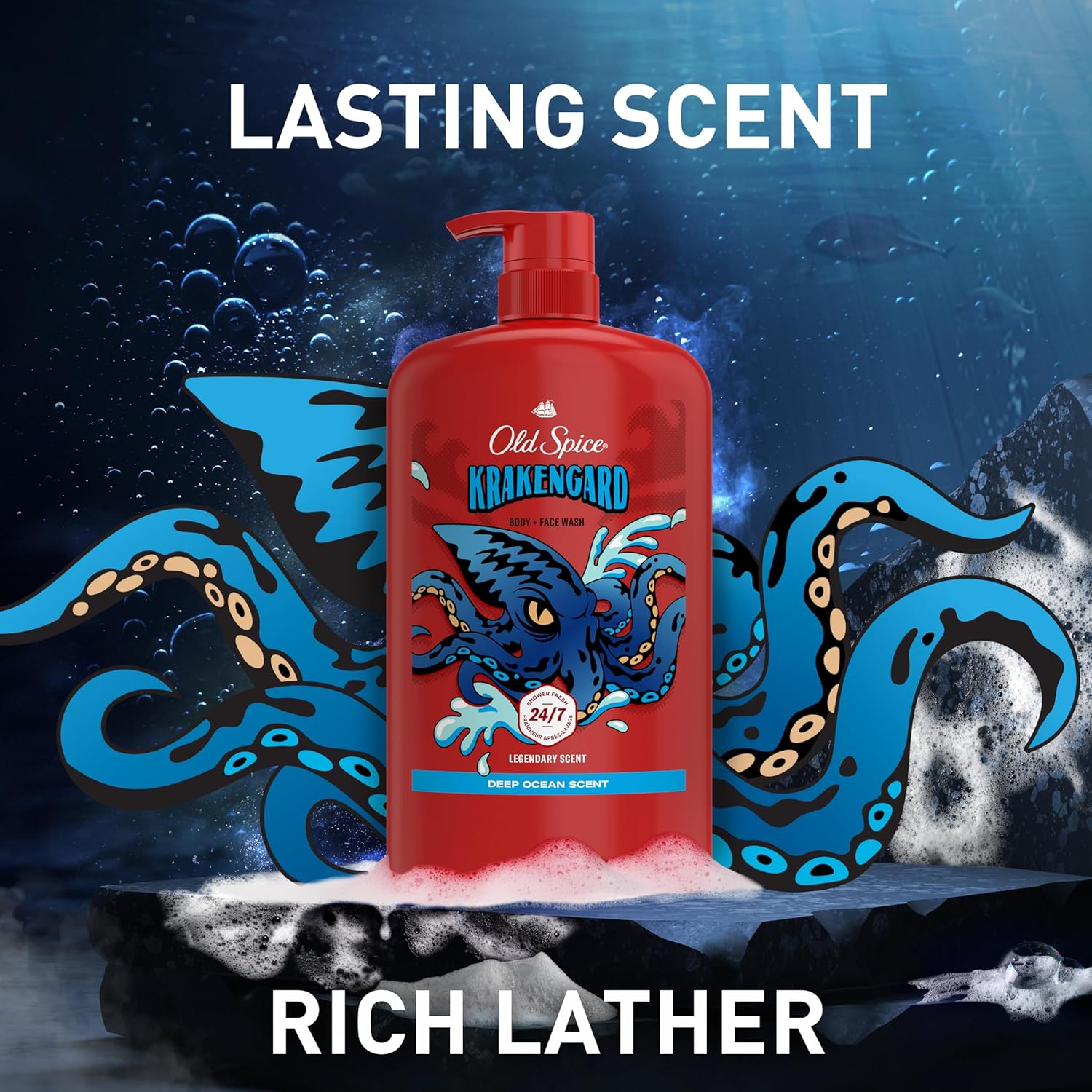Old Spice Cleansing Body Wash for Men, 3X Defense, 24/7 Shower Fresh with Lasting Scent, 2-In-1 Body & Face Wash, Krakengard with Deep Ocean Scent, 33.4 (Pack of 4) image number 2