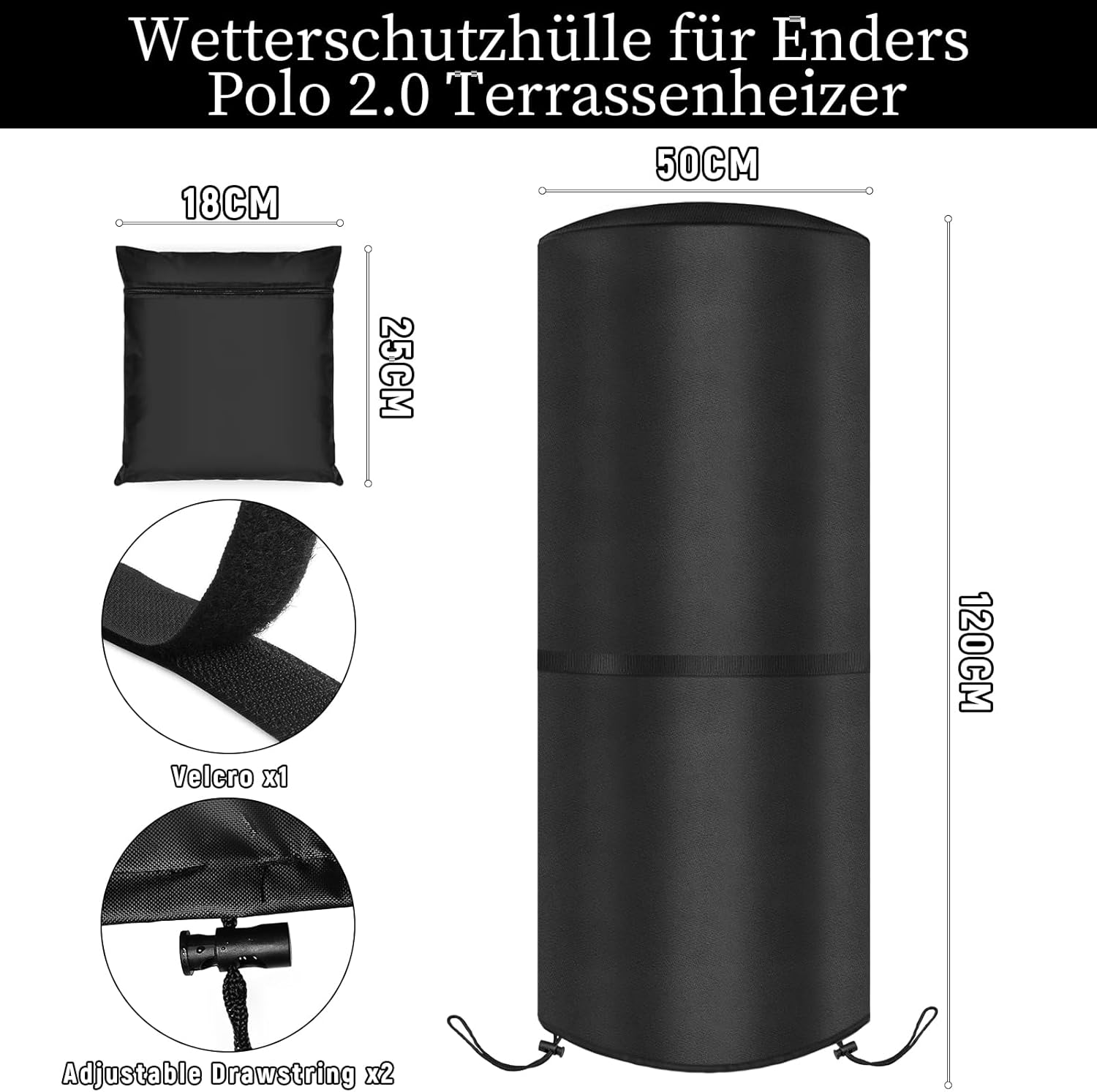 Weather Cover 50 X 50 X 120 Cm for Enders Polo 2.0 Patio Heater, Patio Heater, Tear-Resistant 420D Oxford Fabric, Waterproof, Windproof, Uv-Resistant, Heater Cover, Black image number 3